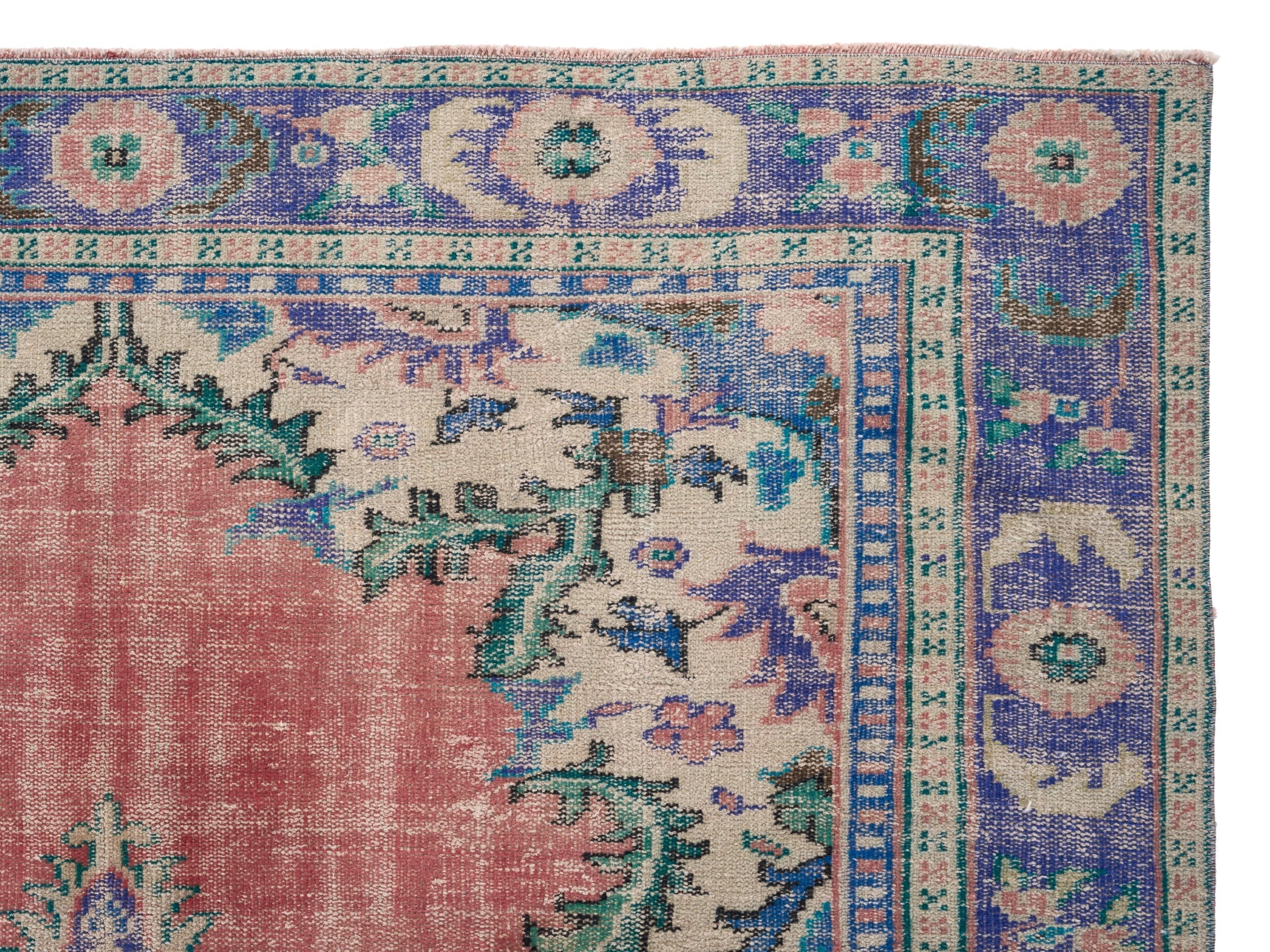 Turkish Manisa area rug in rose and denim, view 8 of 10