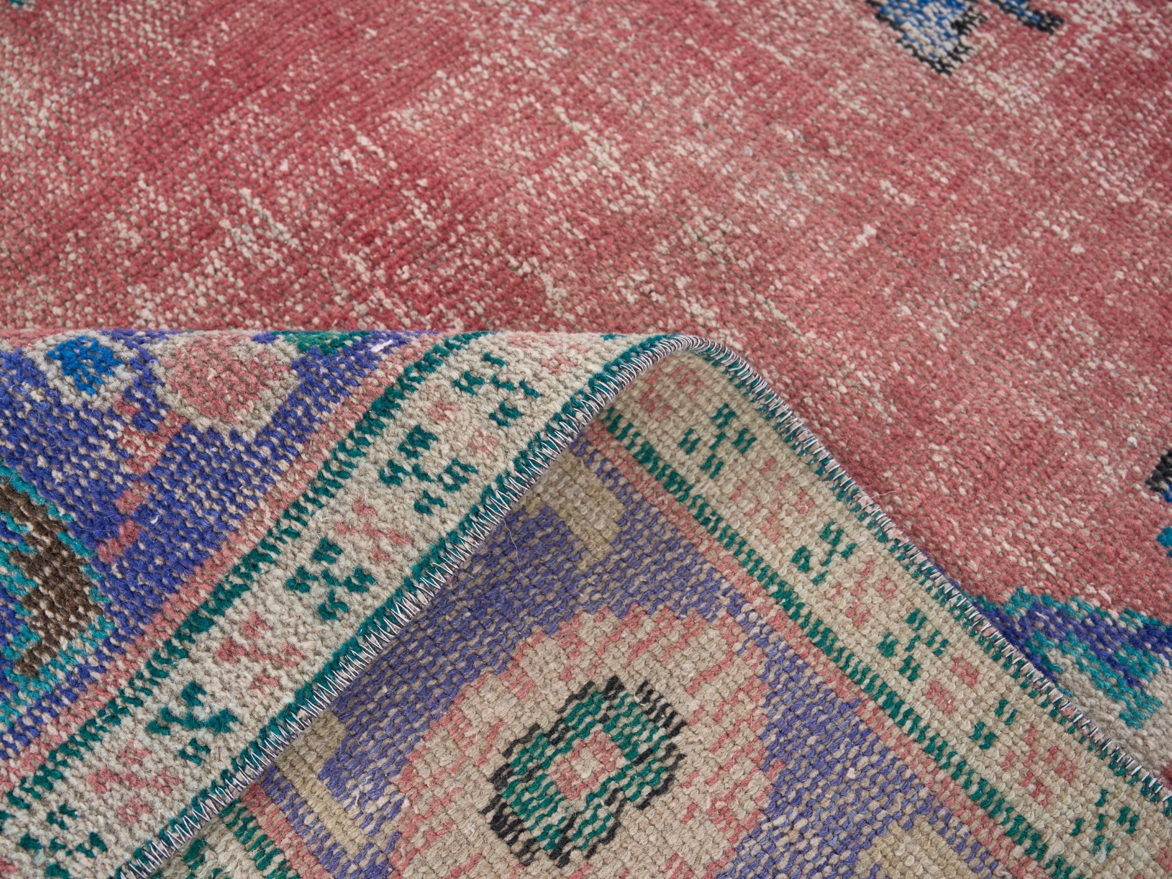 Turkish Manisa area rug in rose and denim, view 9 of 10