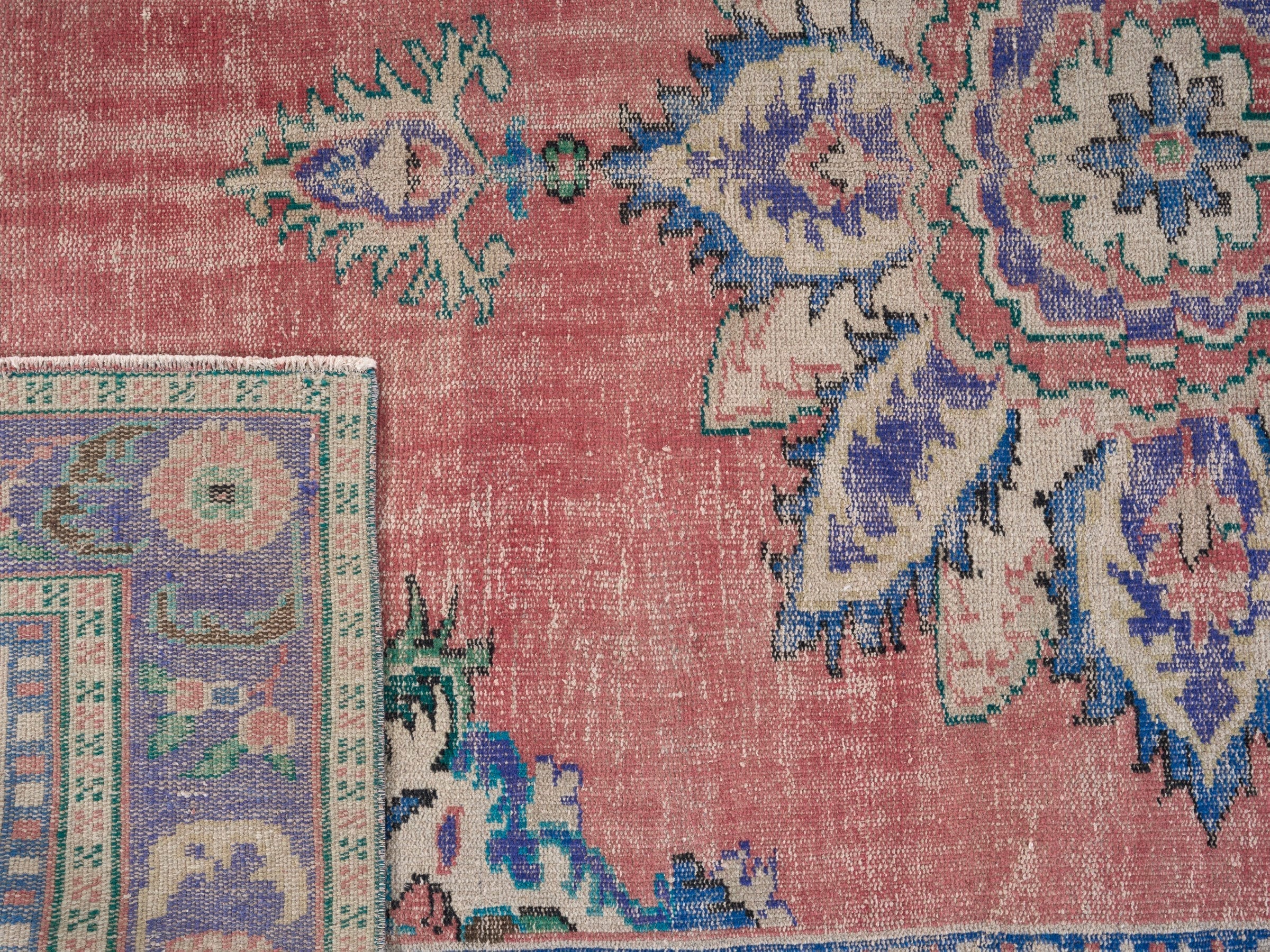 Turkish Manisa area rug in rose and denim, view 10 of 10