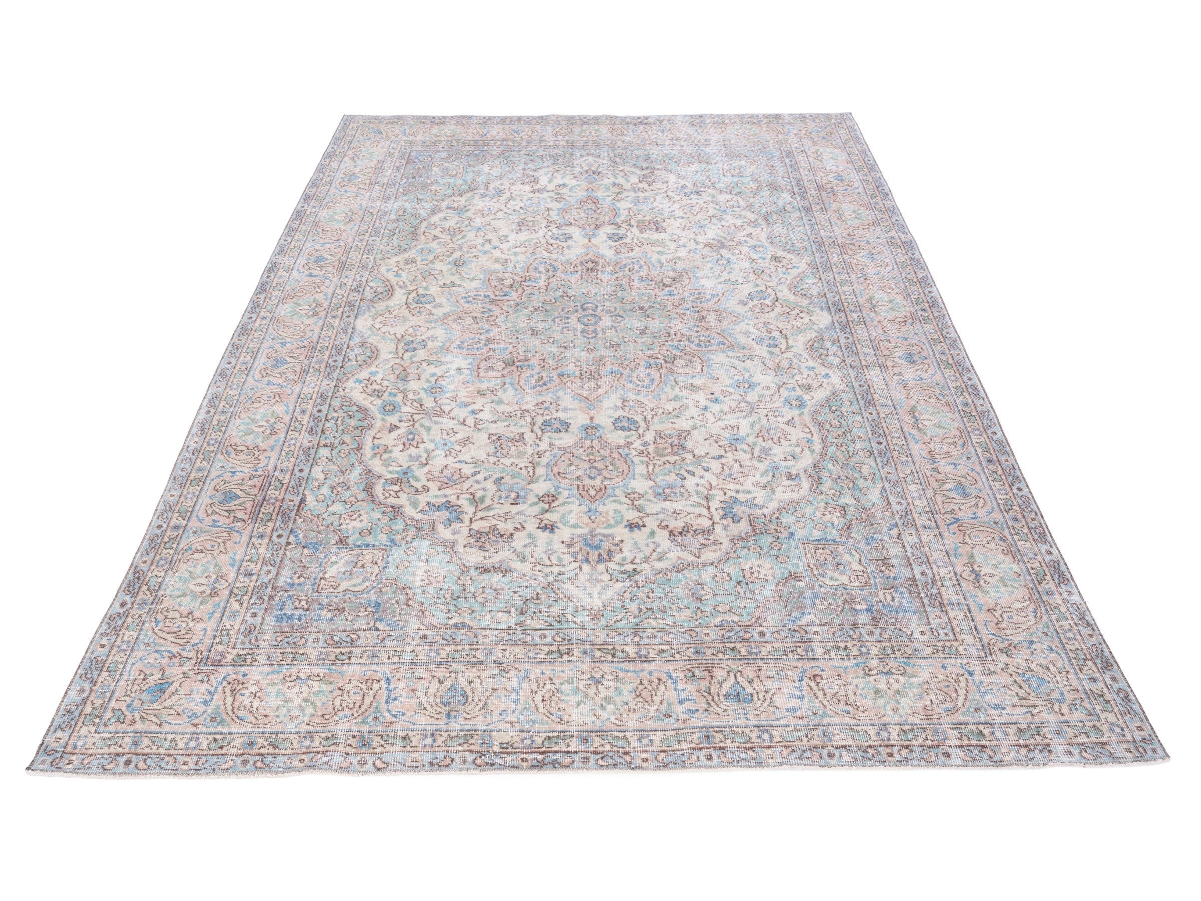 Turkish Isparta area rug in ivory and muted pink, view 2 of 10