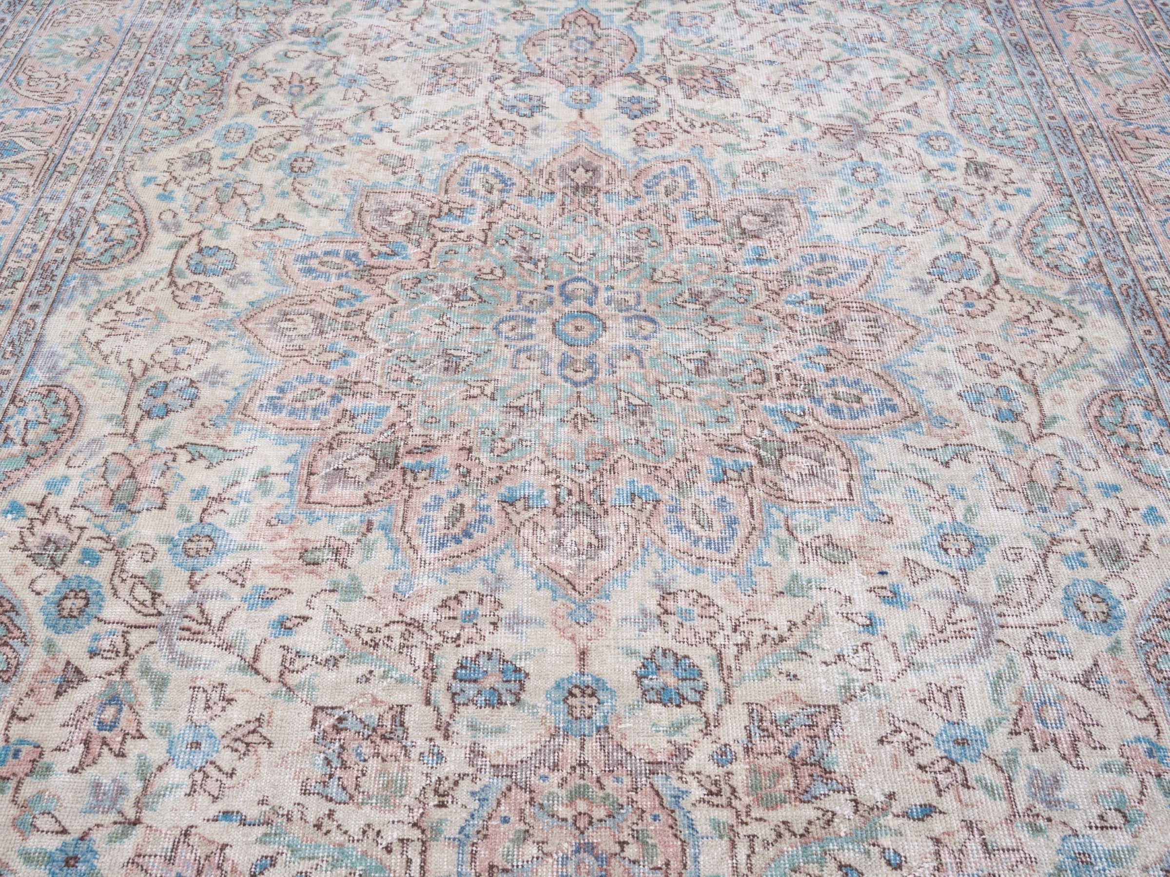 Turkish Isparta area rug in ivory and muted pink, view 4 of 10