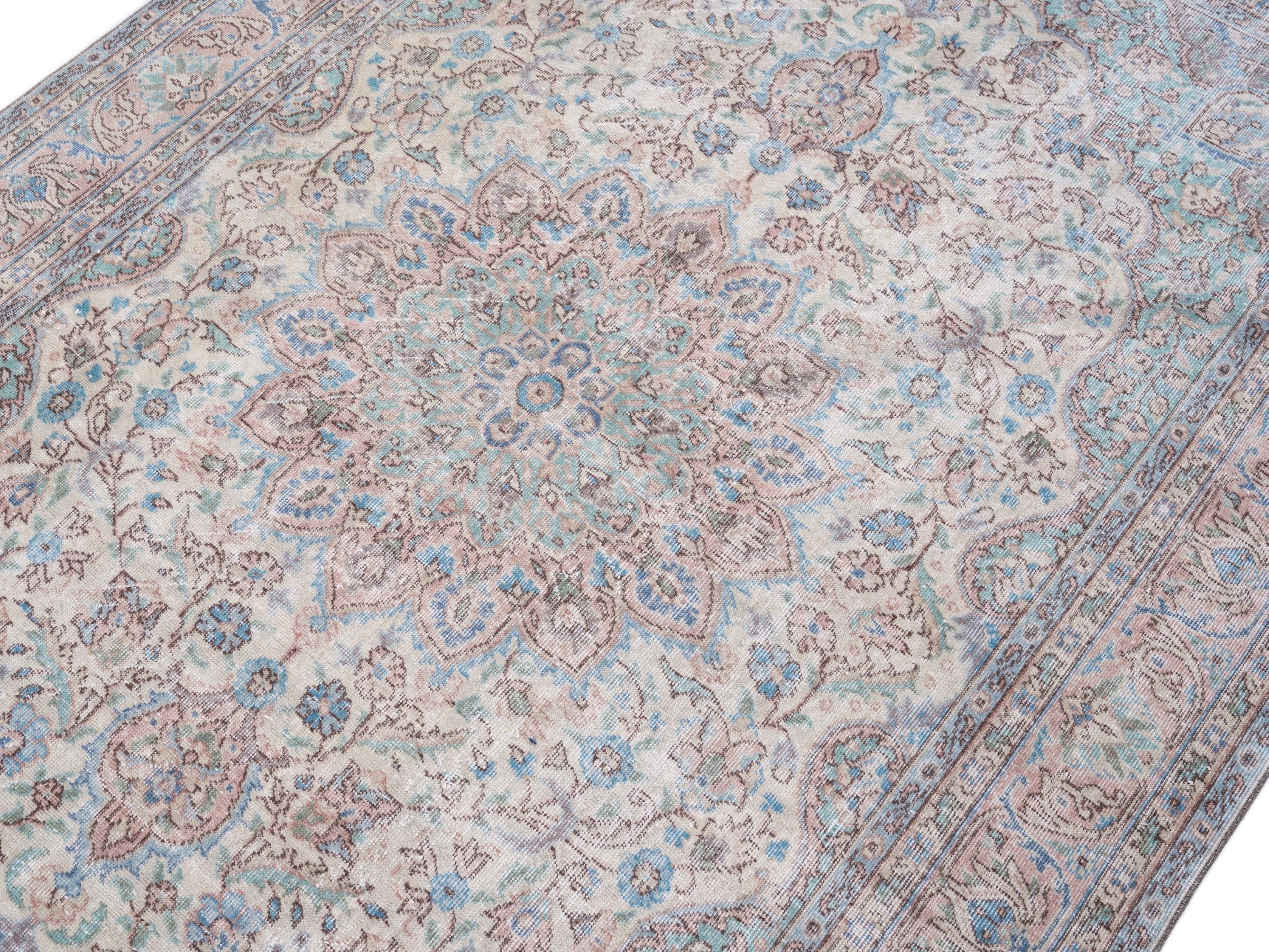 Turkish Isparta area rug in ivory and muted pink, view 5 of 10