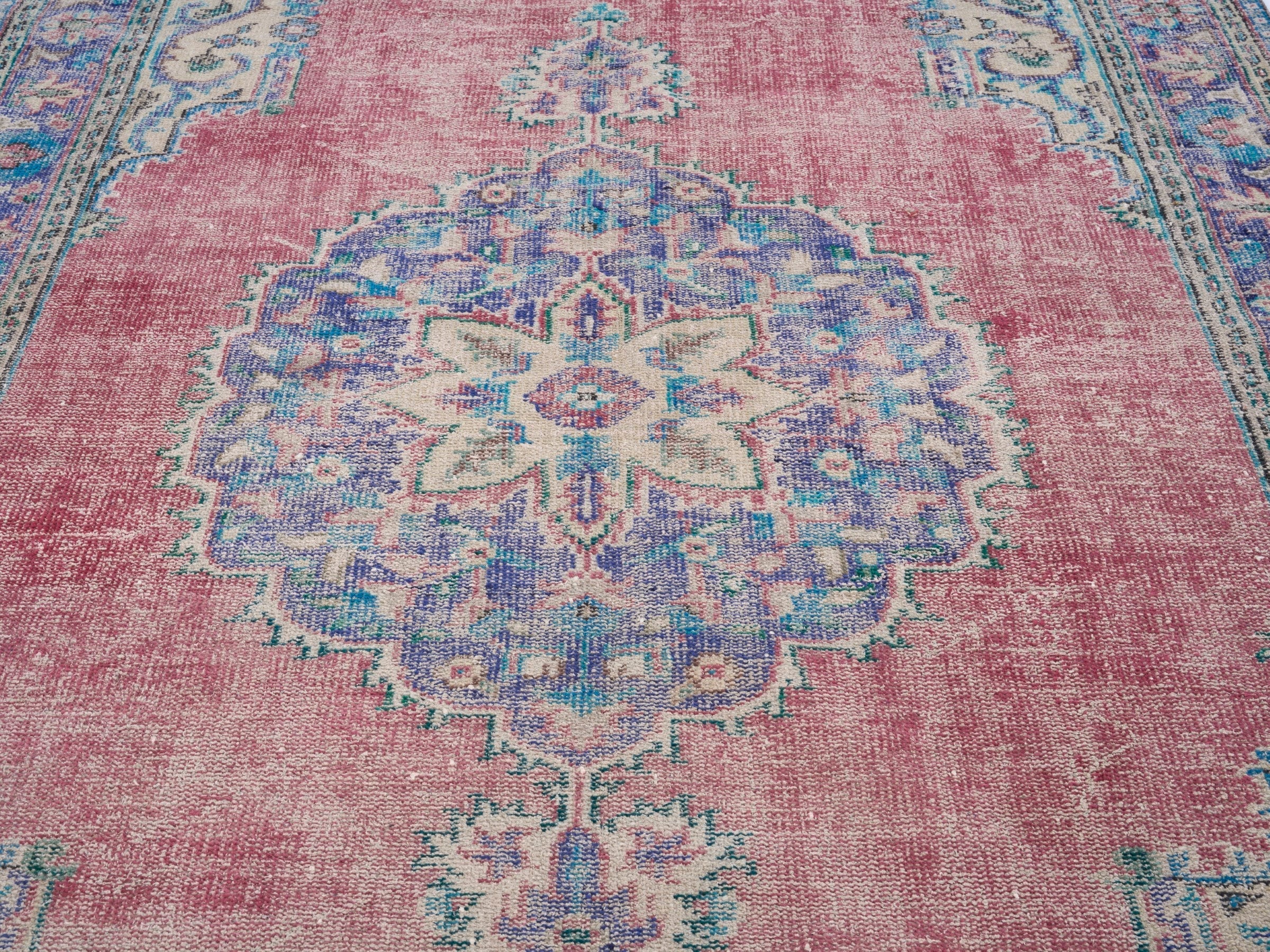 Turkish Manisa area rug in dusty rose and plum, view 4 of 10