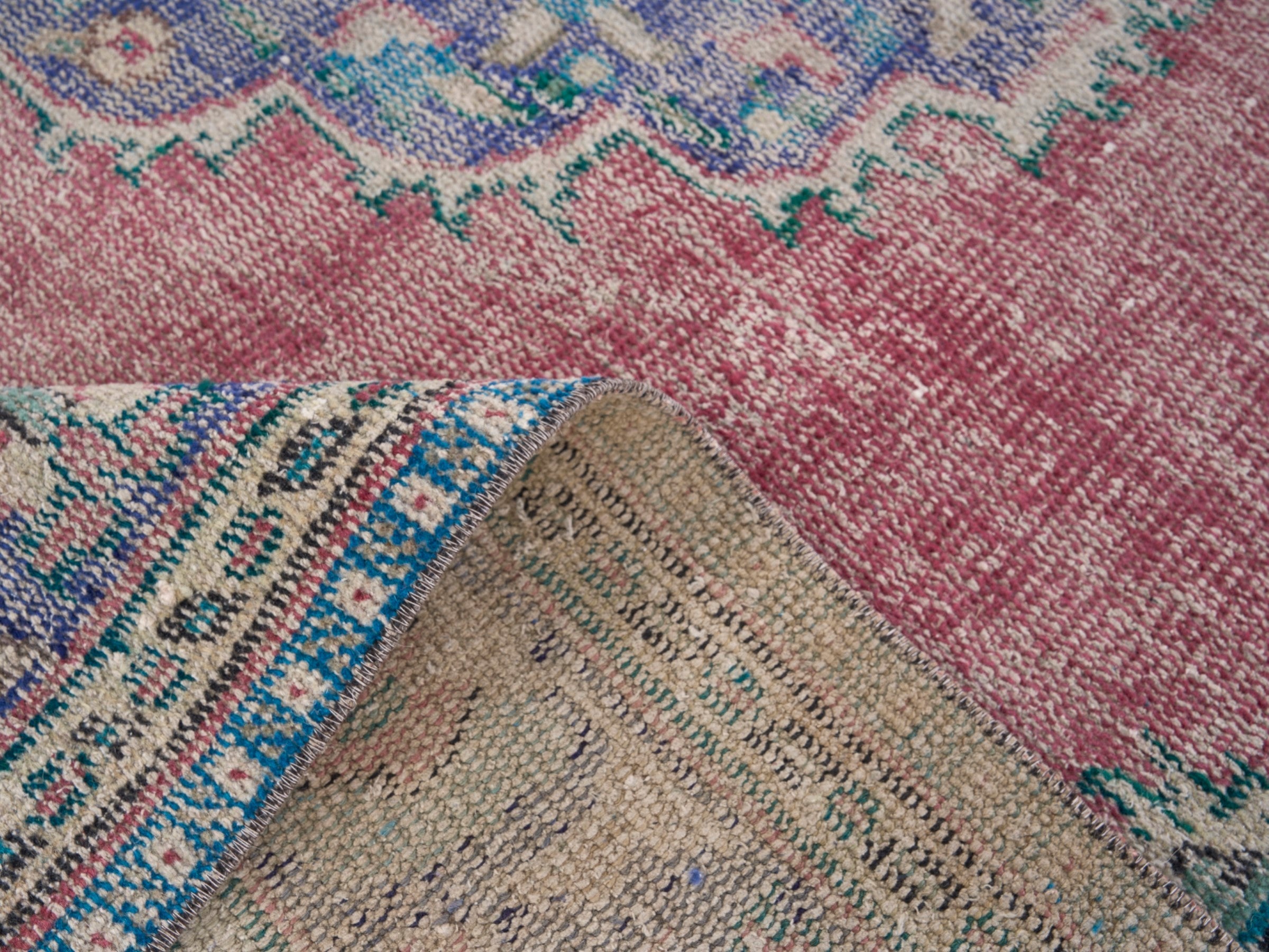 Turkish Manisa area rug in dusty rose and plum, view 9 of 10