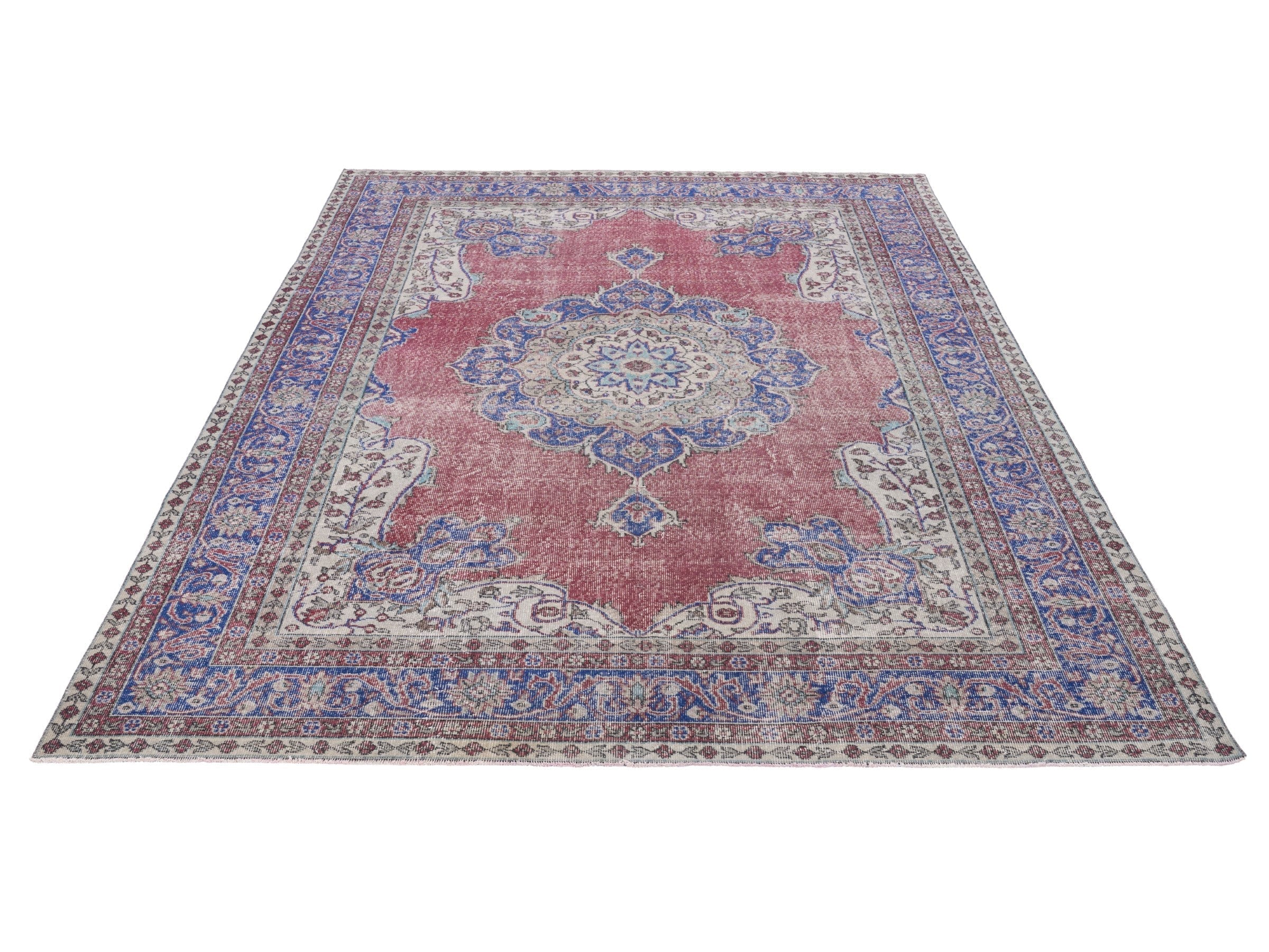 Turkish Isparta area rug in faded red and dark blue, view 2 of 7