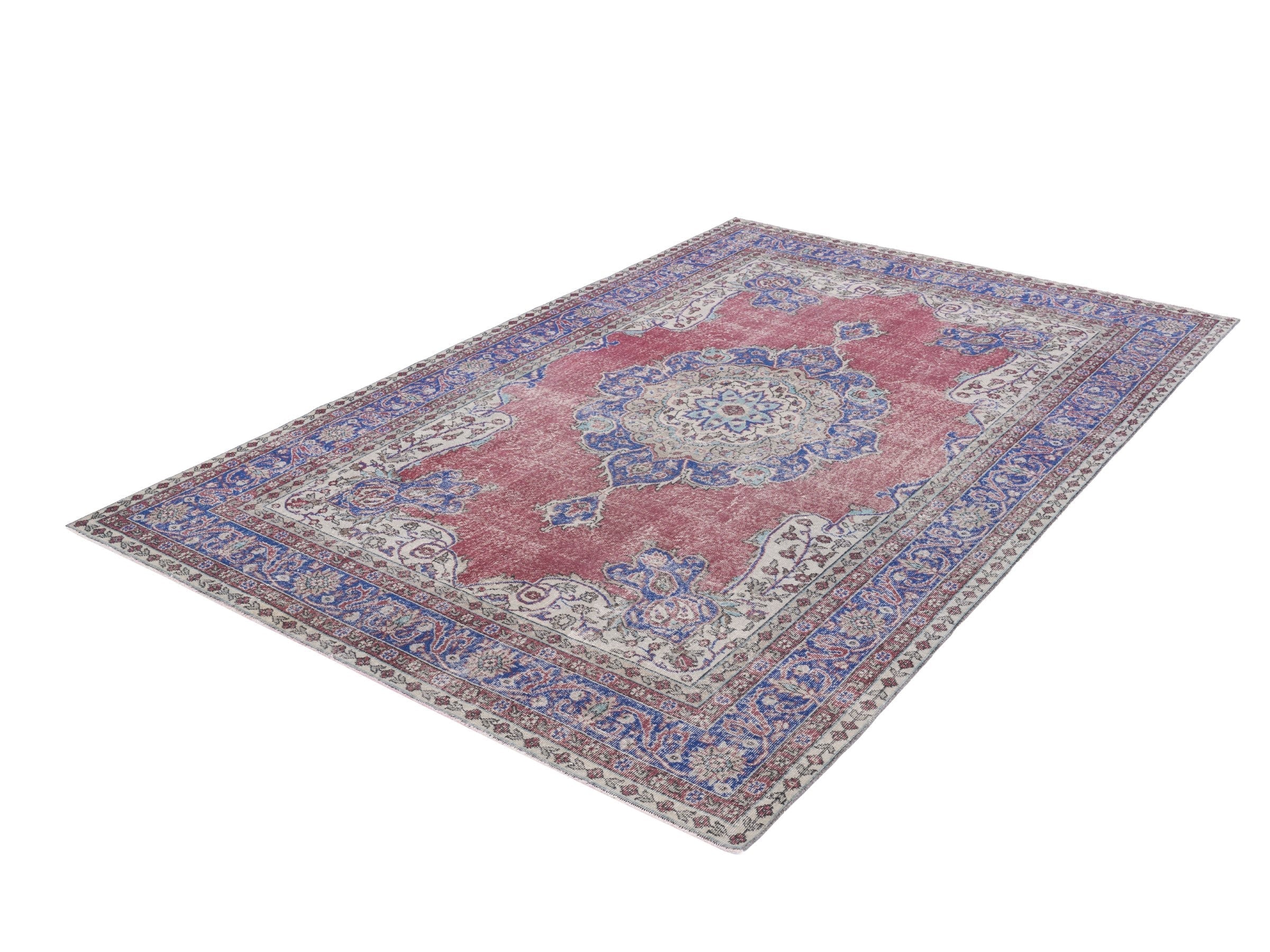 Turkish Isparta area rug in faded red and dark blue, view 3 of 7