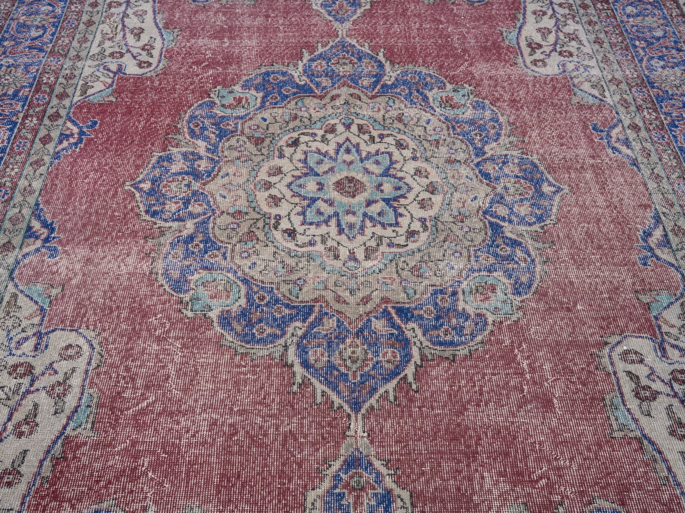 Turkish Isparta area rug in faded red and dark blue, view 4 of 7
