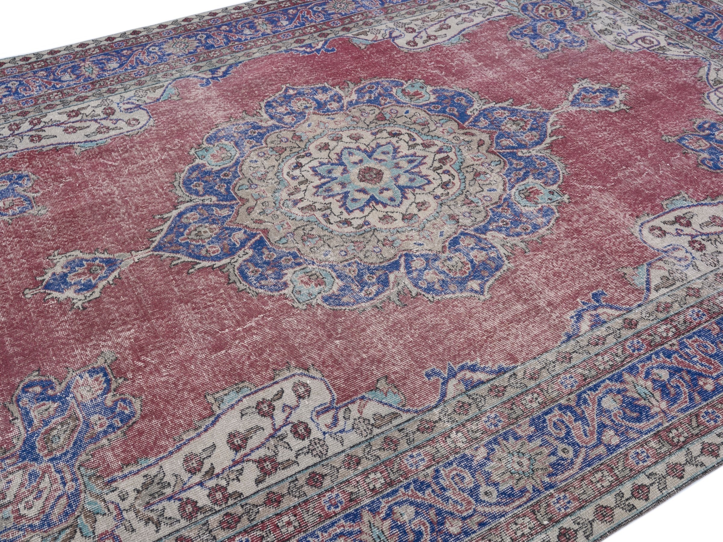 Turkish Isparta area rug in faded red and dark blue, view 5 of 7