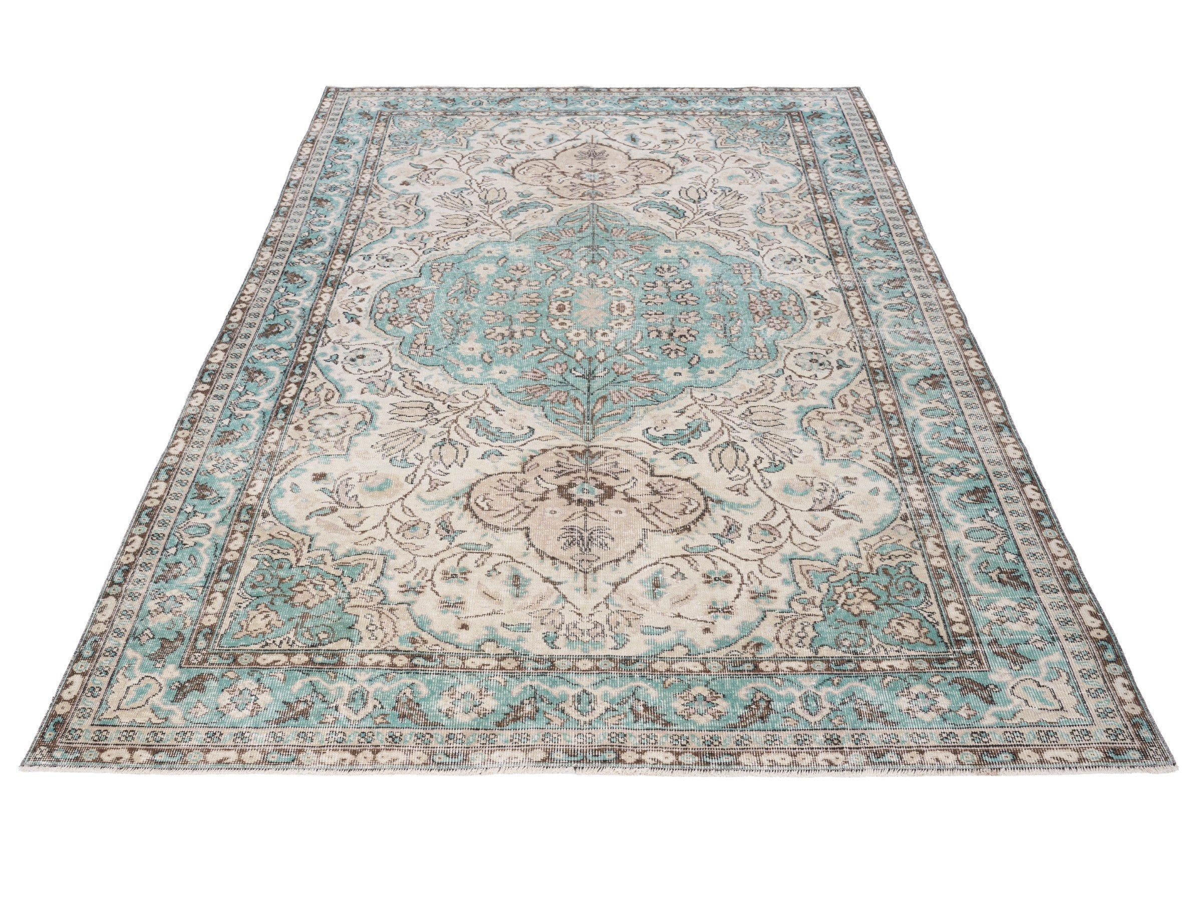 Turkish Isparta area rug in cream and teal, view 2 of 10