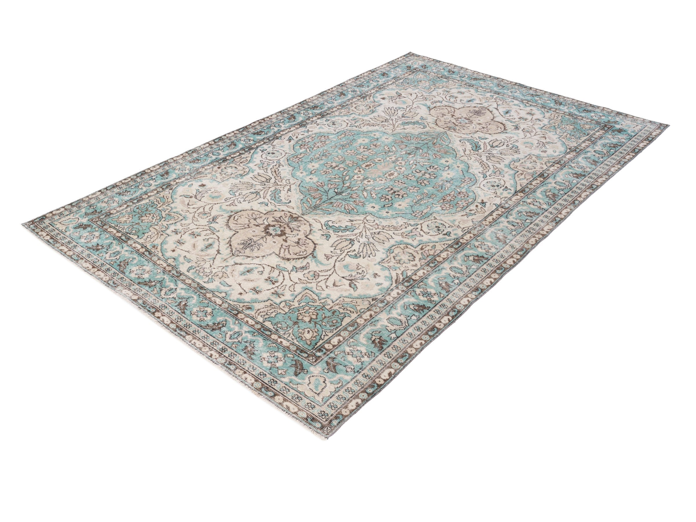 Turkish Isparta area rug in cream and teal, view 3 of 10