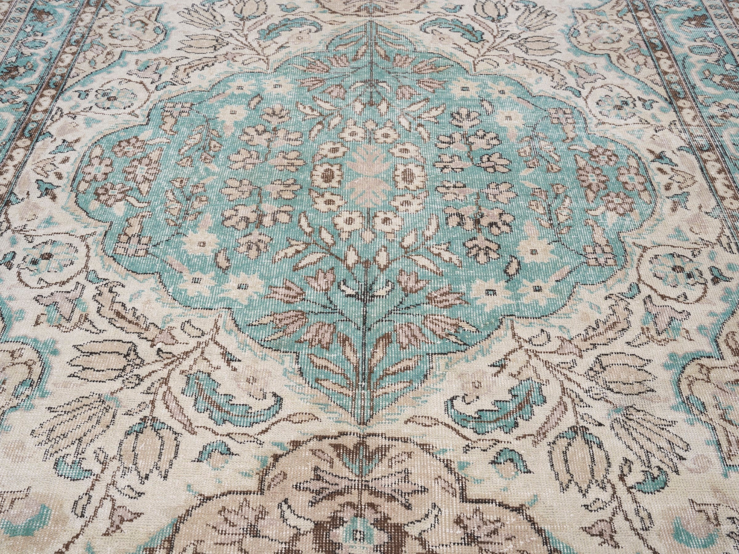 Turkish Isparta area rug in cream and teal, view 4 of 10