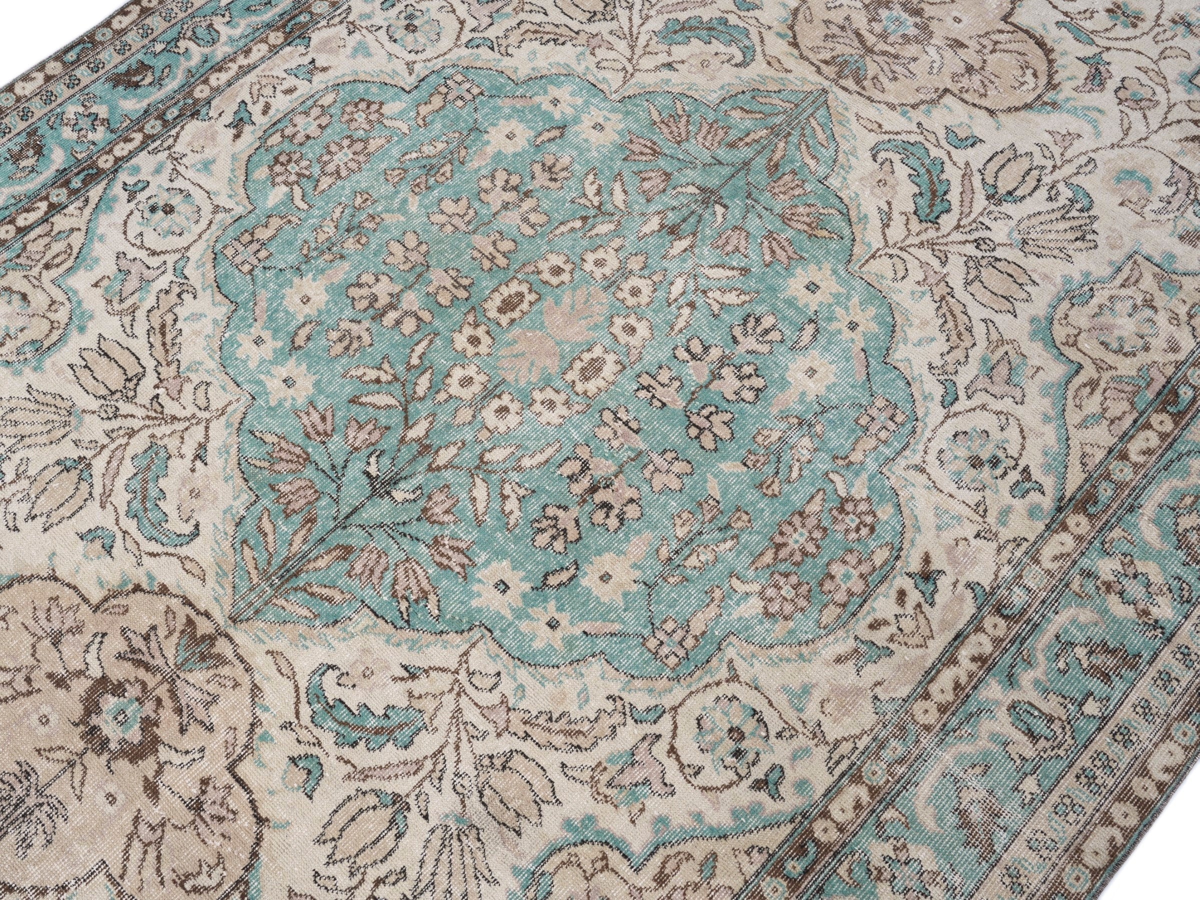 Turkish Isparta area rug in cream and teal, view 5 of 10