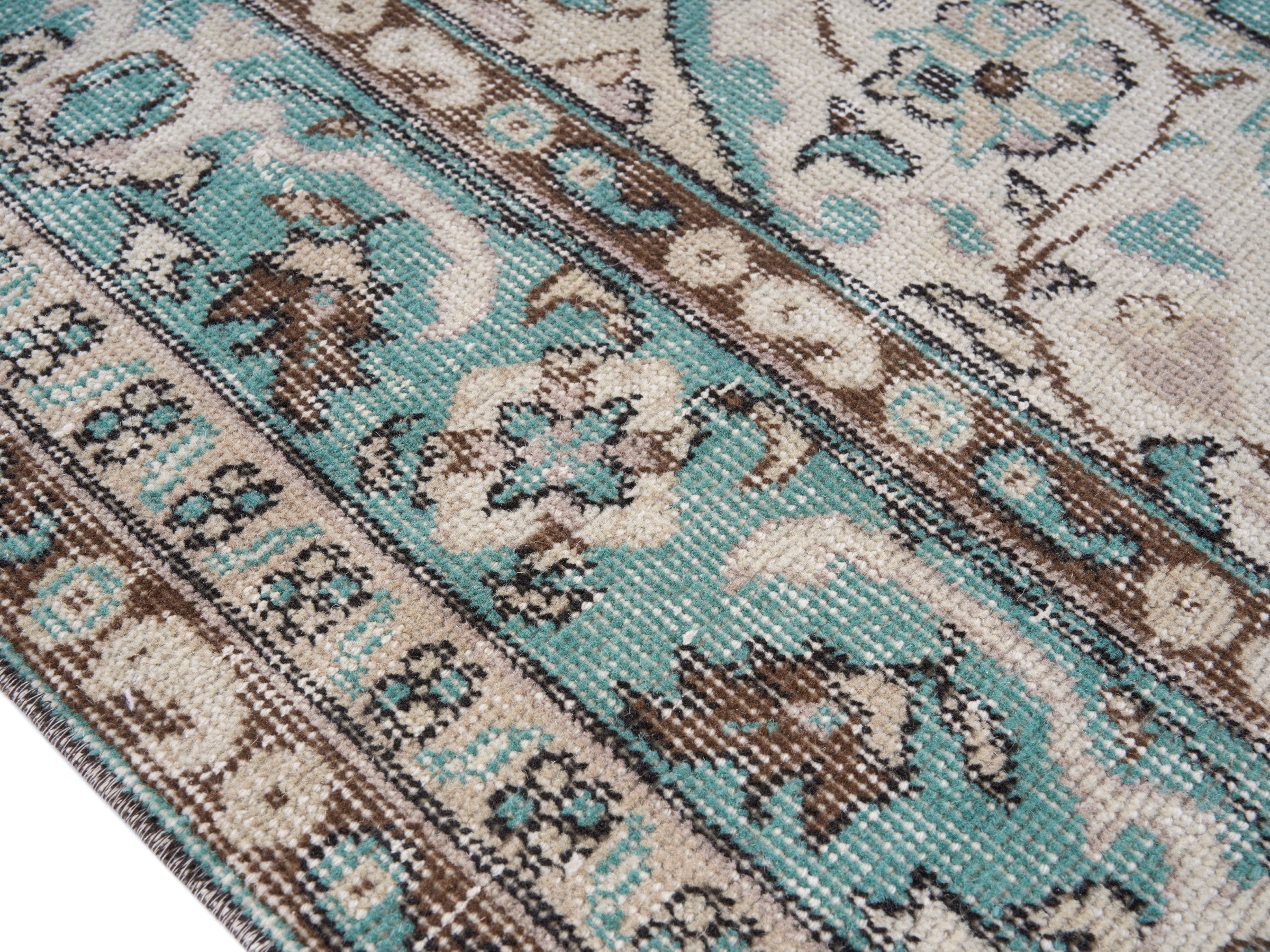 Turkish Isparta area rug in cream and teal, view 6 of 10