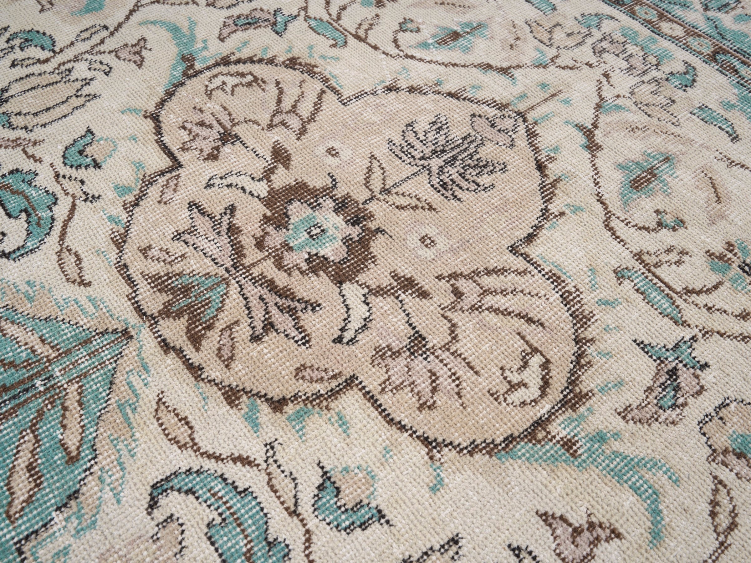 Turkish Isparta area rug in cream and teal, view 7 of 10