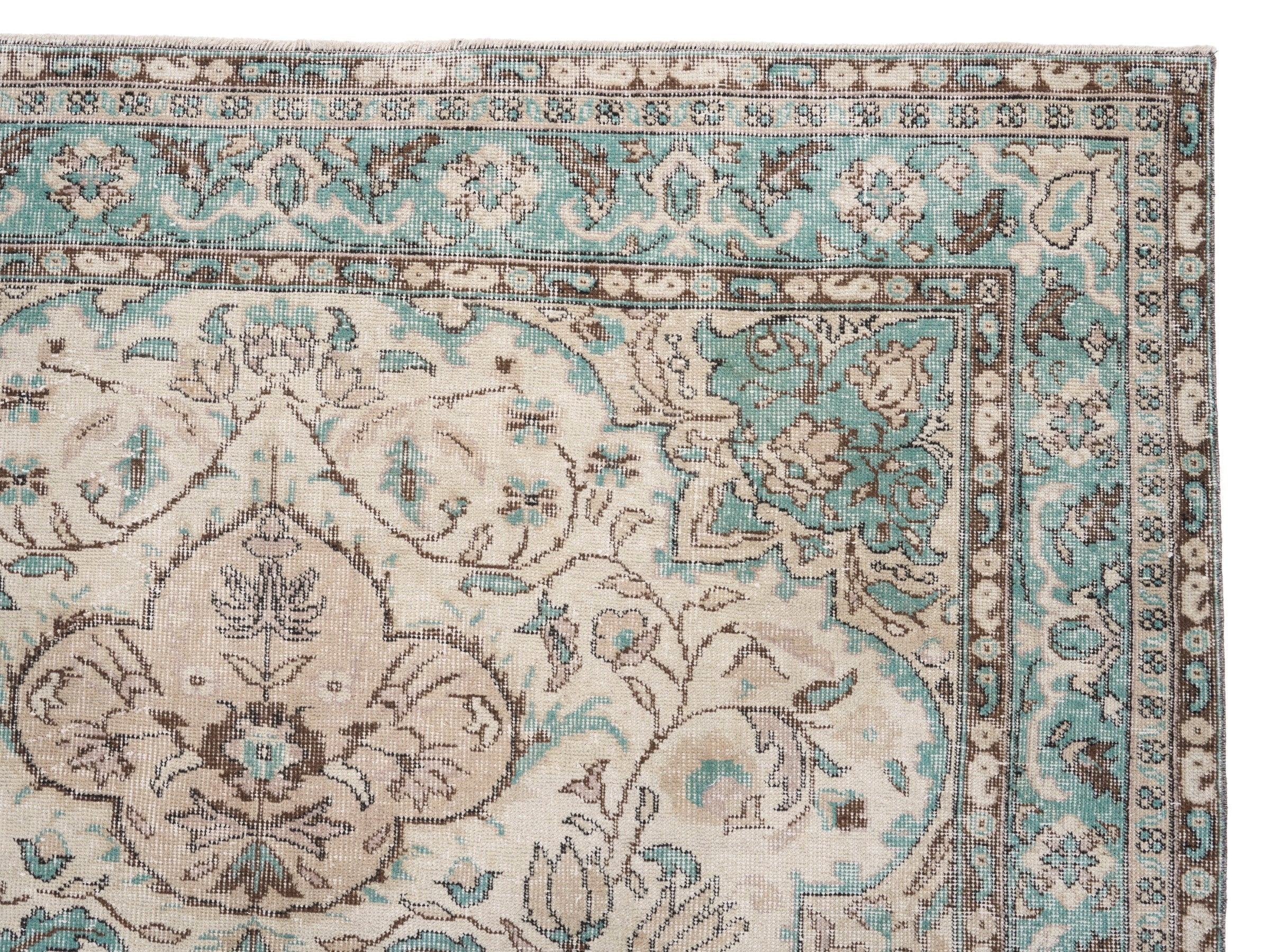 Turkish Isparta area rug in cream and teal, view 8 of 10