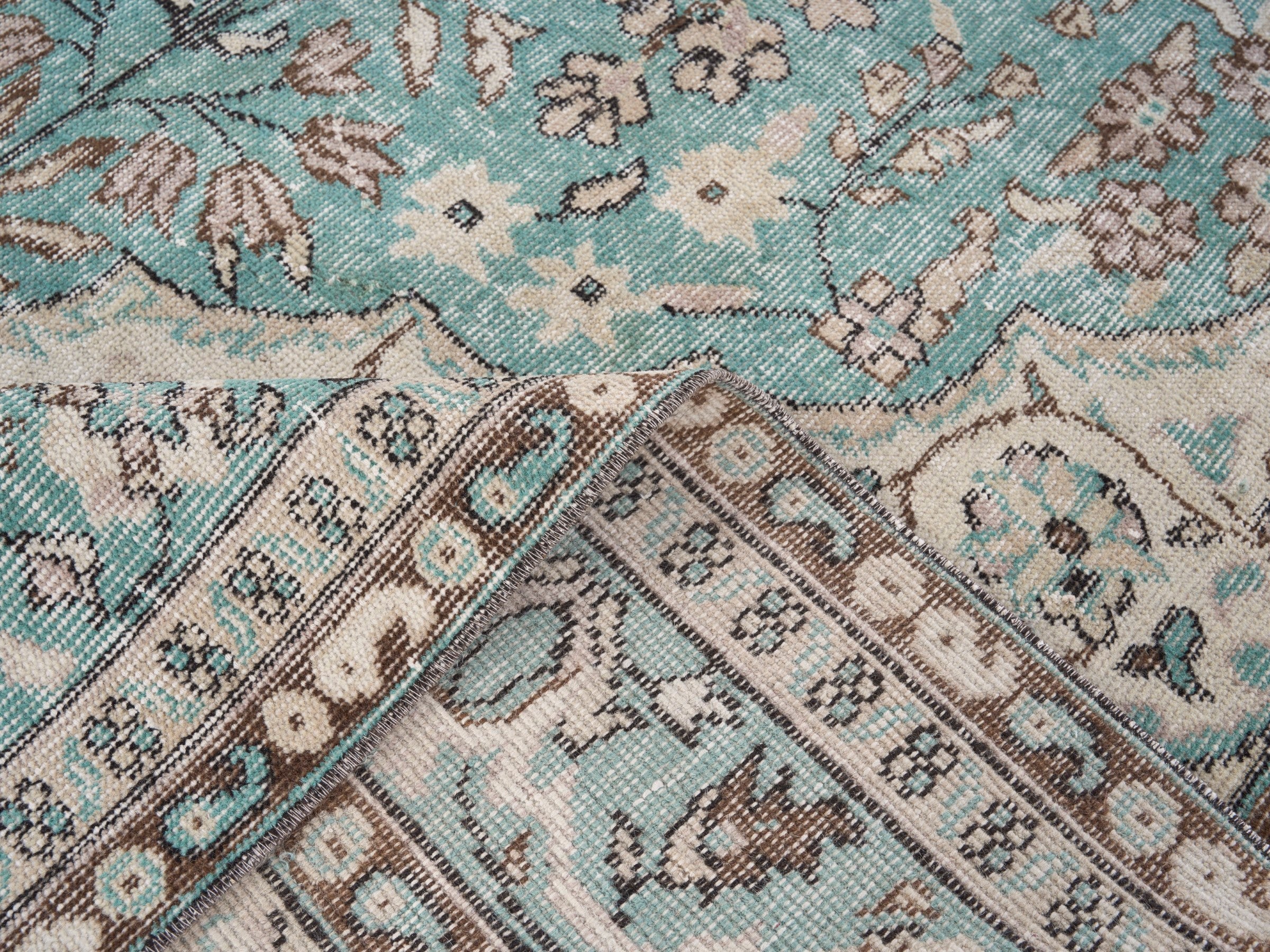 Turkish Isparta area rug in cream and teal, view 9 of 10