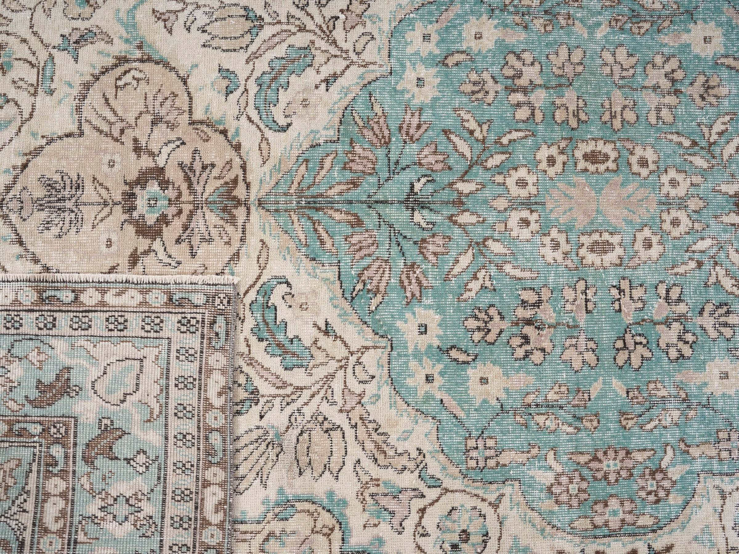 Turkish Isparta area rug in cream and teal, view 10 of 10