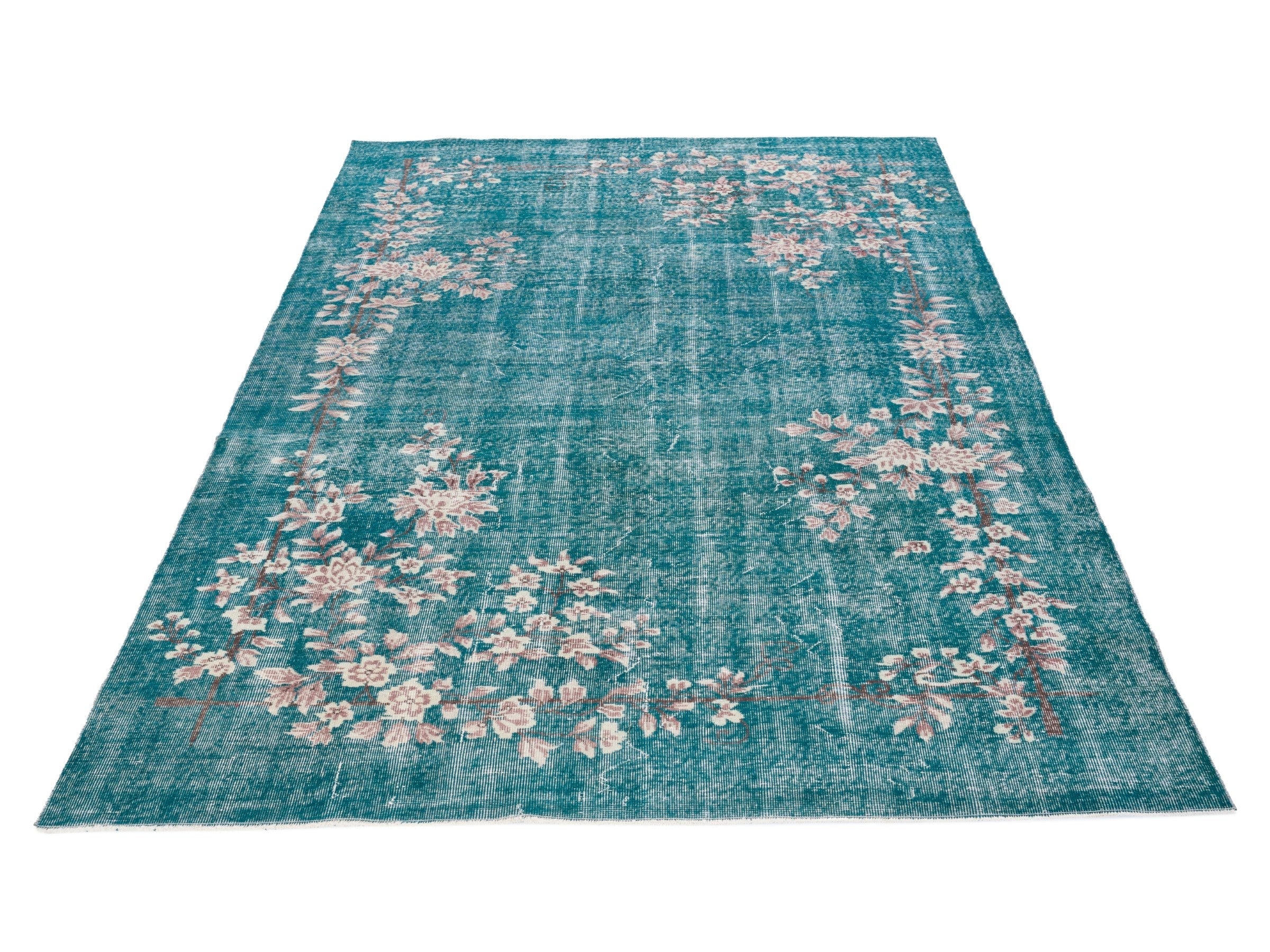 Turkish Isparta area rug in teal and muted pink, view 2 of 10