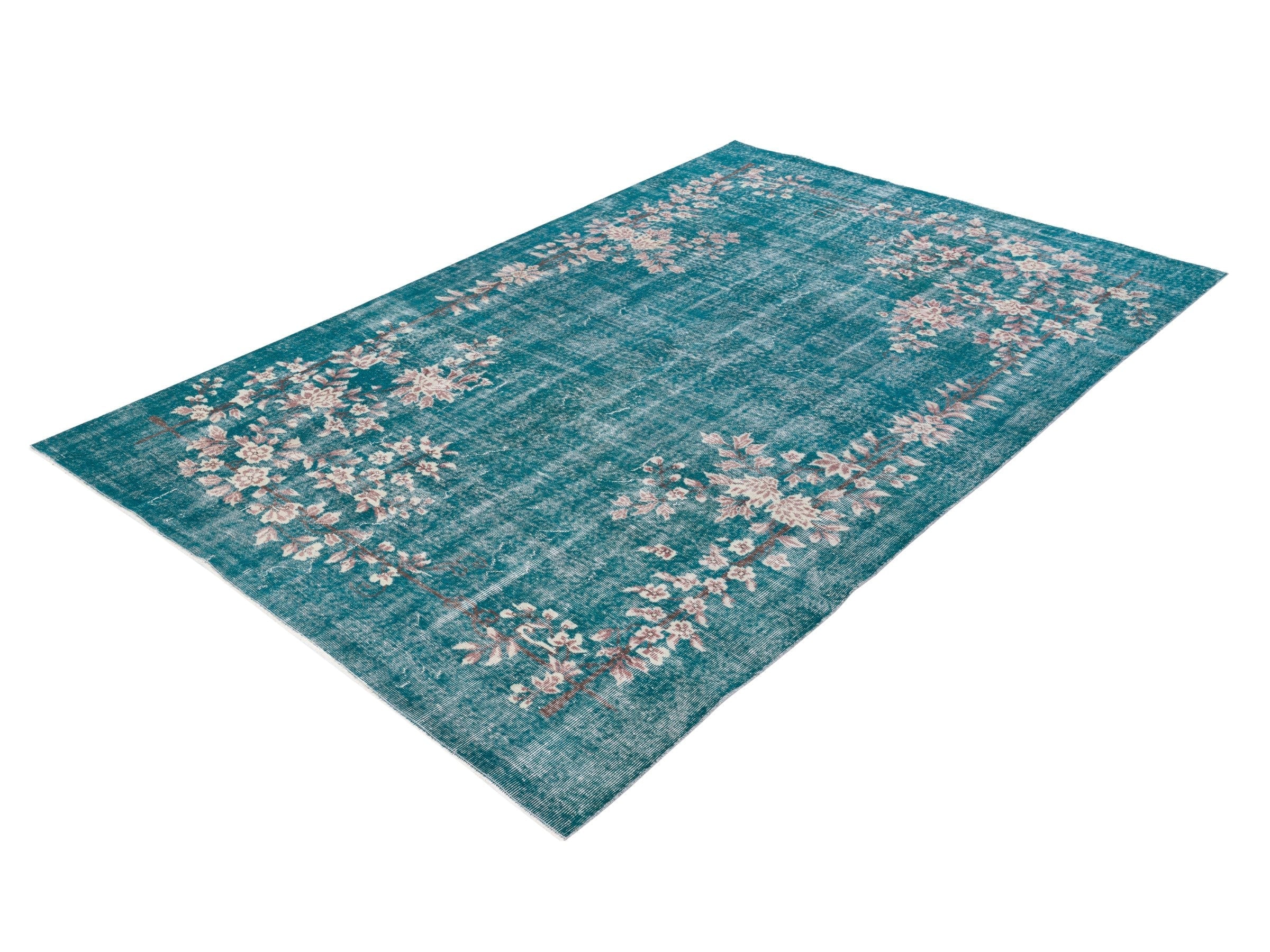 Turkish Isparta area rug in teal and muted pink, view 3 of 10