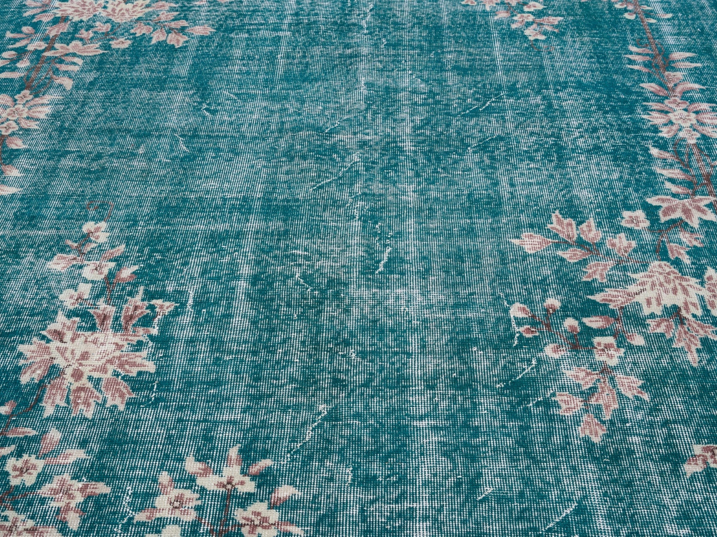 Turkish Isparta area rug in teal and muted pink, view 4 of 10