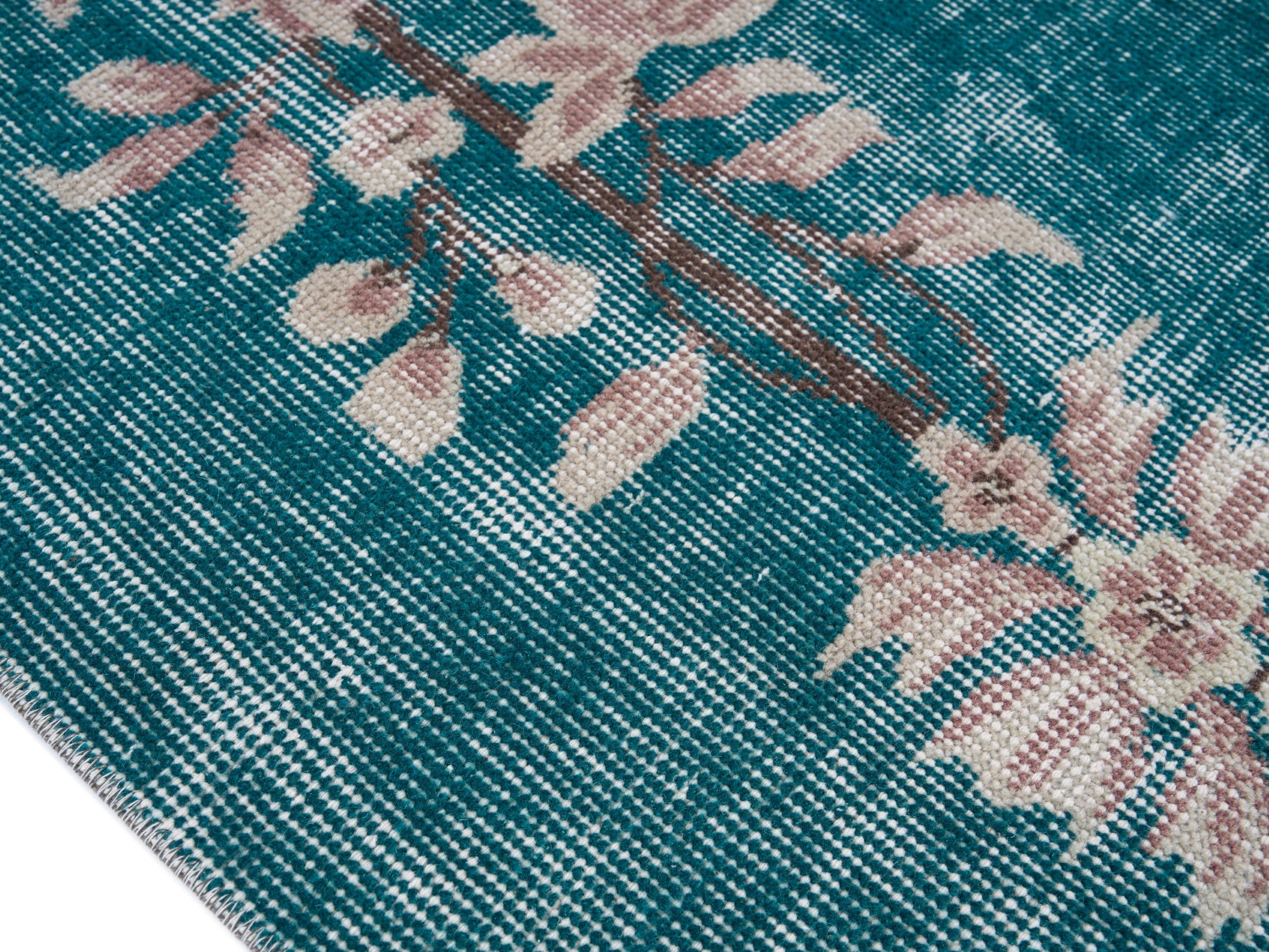 Turkish Isparta area rug in teal and muted pink, view 6 of 10