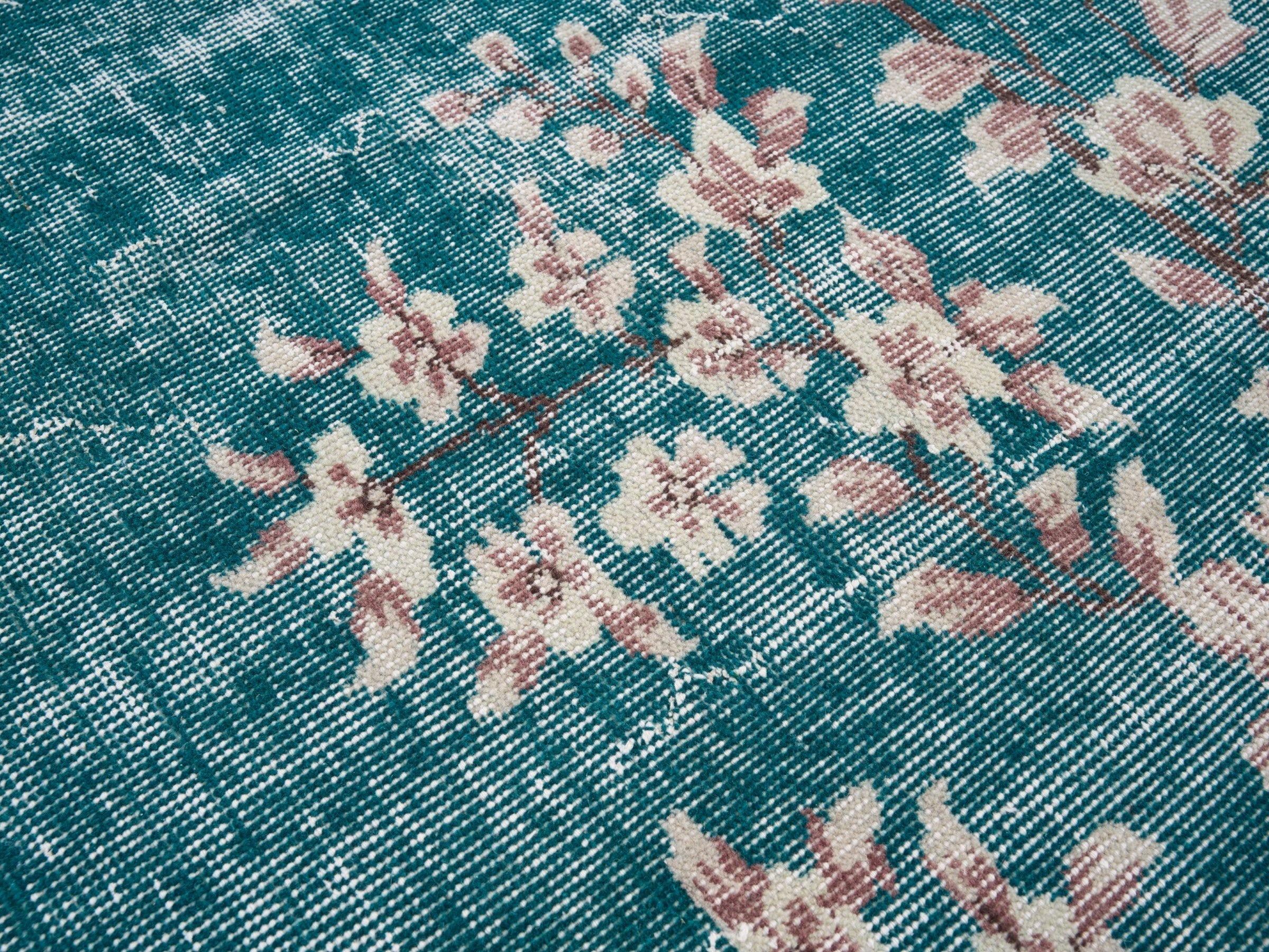 Turkish Isparta area rug in teal and muted pink, view 7 of 10