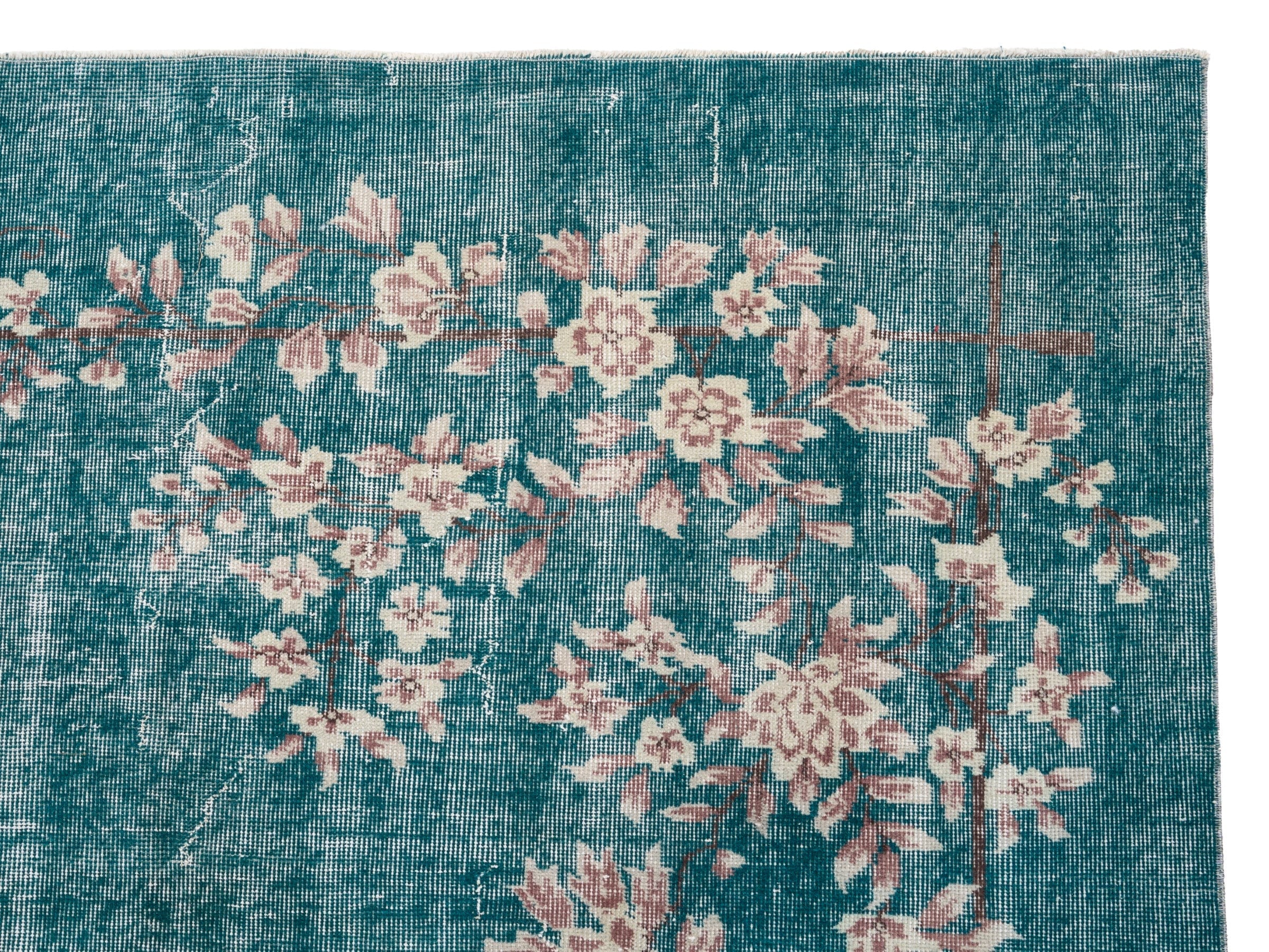 Turkish Isparta area rug in teal and muted pink, view 8 of 10
