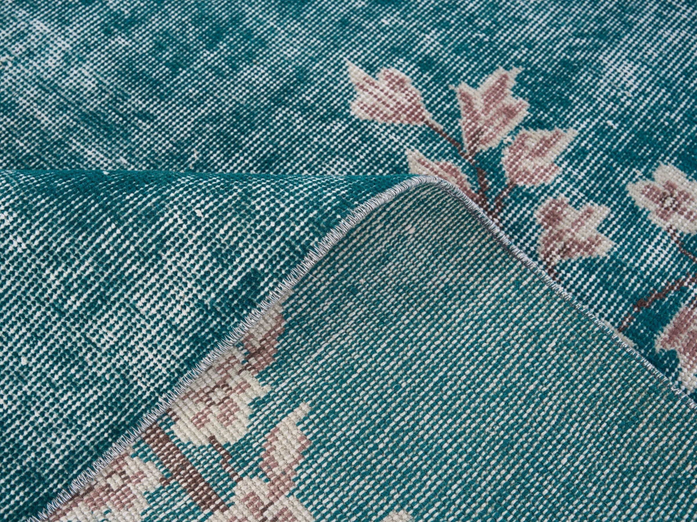 Turkish Isparta area rug in teal and muted pink, view 9 of 10