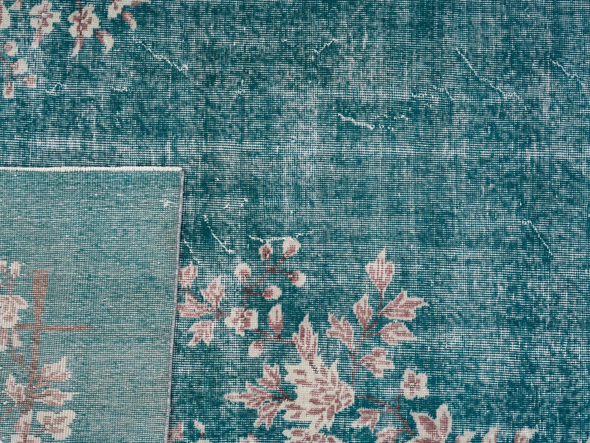 Turkish Isparta area rug in teal and muted pink, view 10 of 10