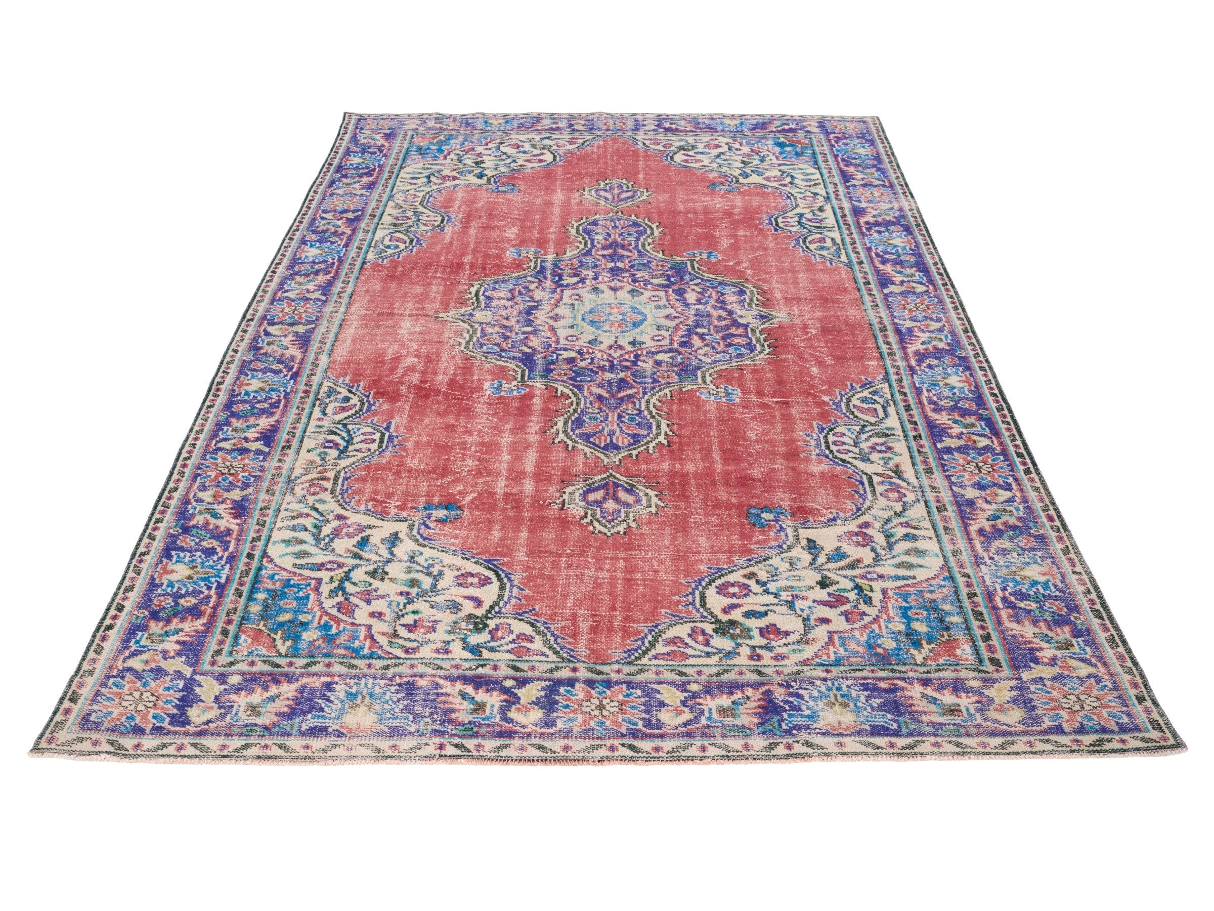 Turkish Manisa area rug in rose and navy, view 2 of 10
