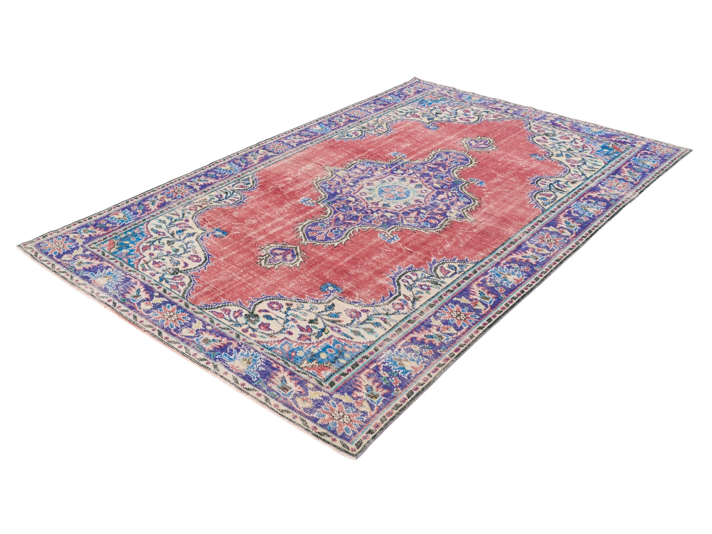 Turkish Manisa area rug in rose and navy, view 3 of 10