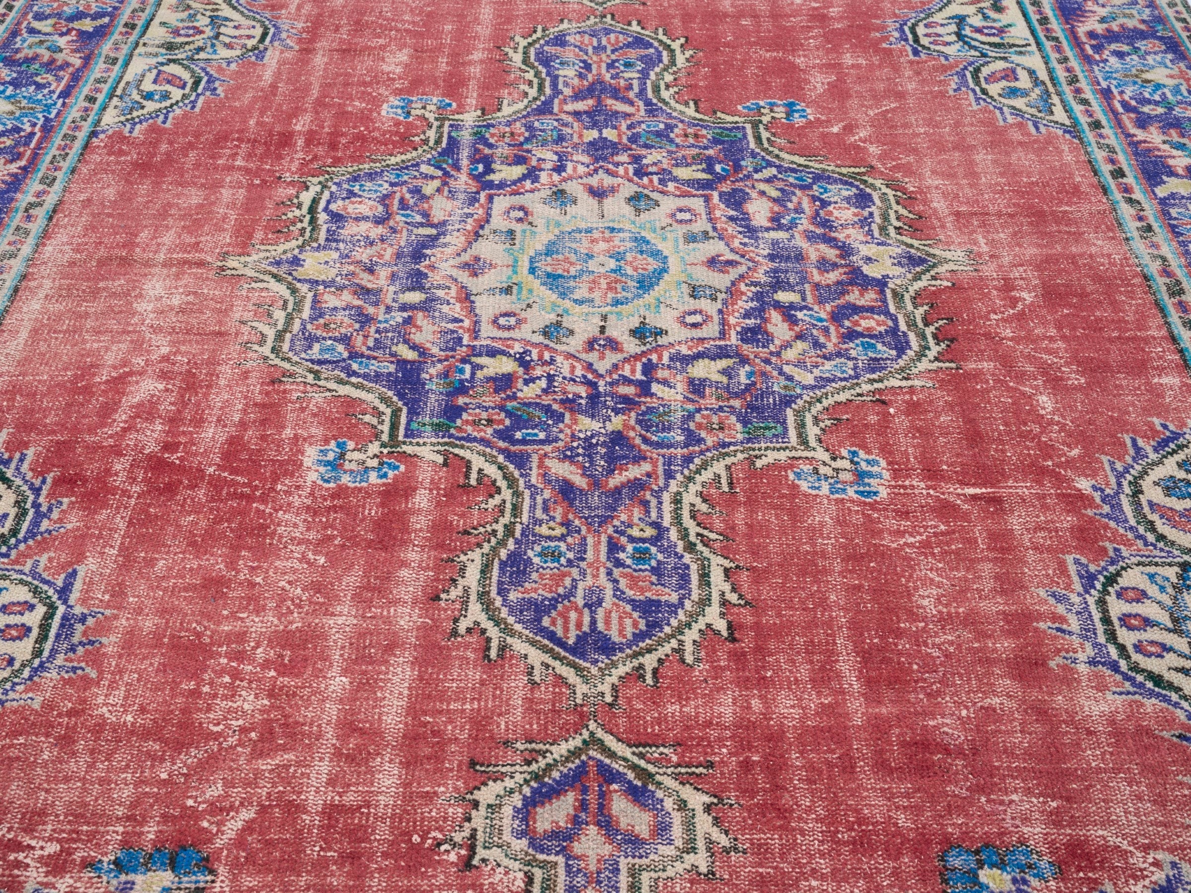 Turkish Manisa area rug in rose and navy, view 4 of 10