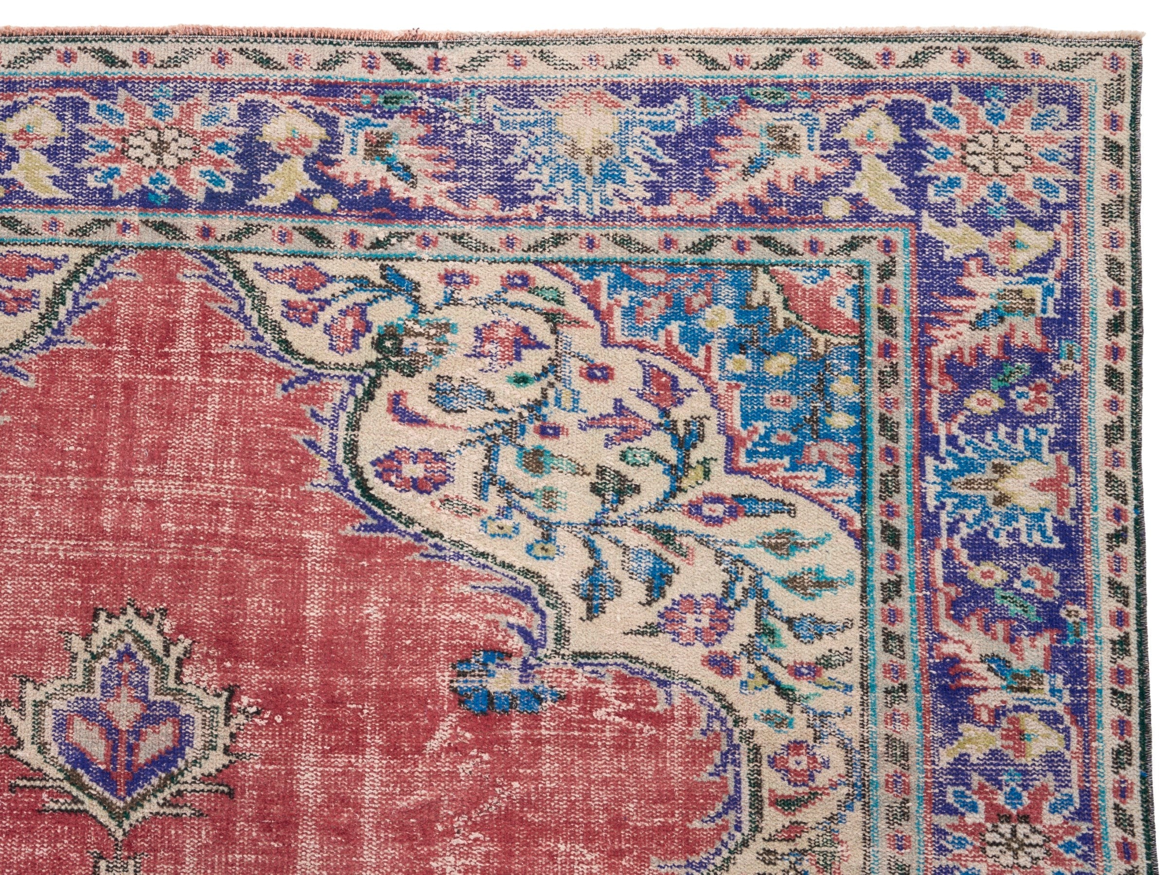 Turkish Manisa area rug in rose and navy, view 8 of 10