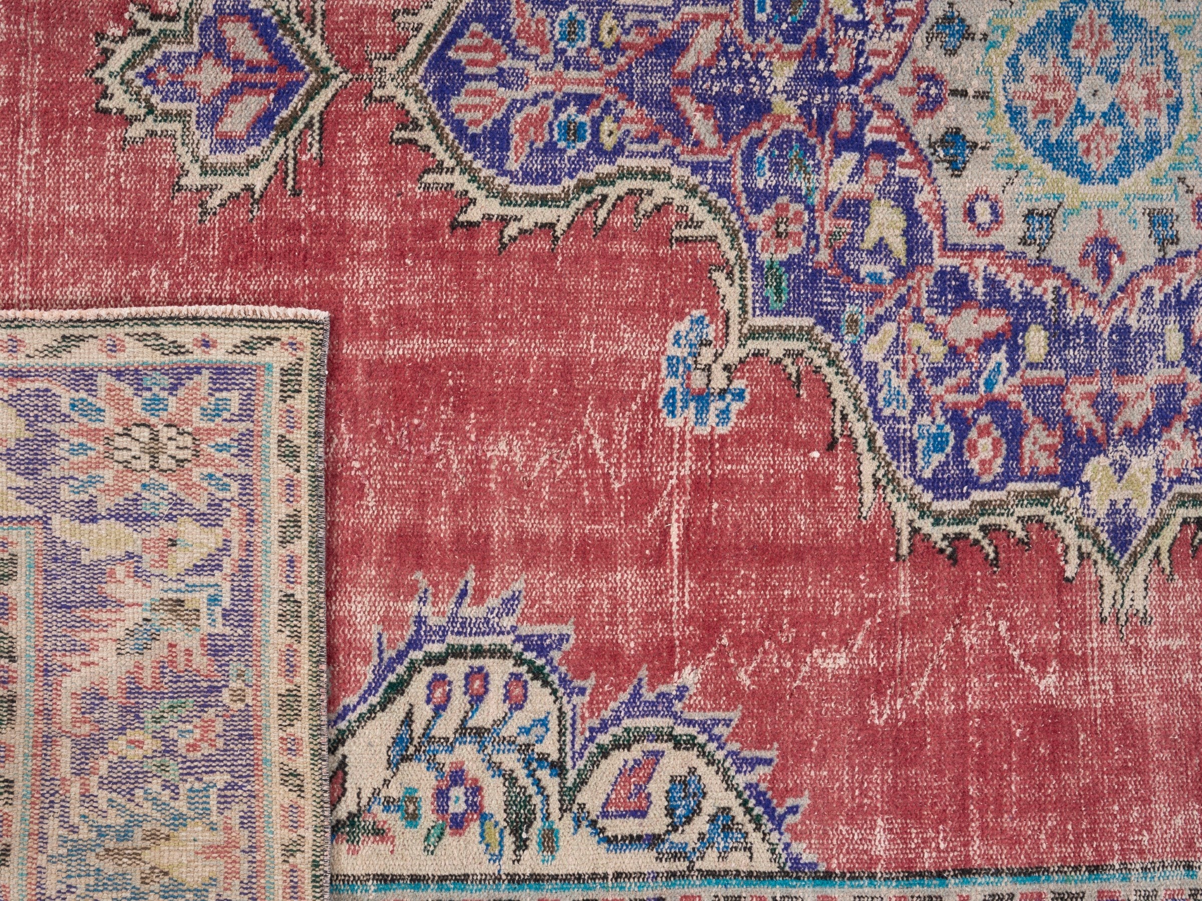 Turkish Manisa area rug in rose and navy, view 10 of 10