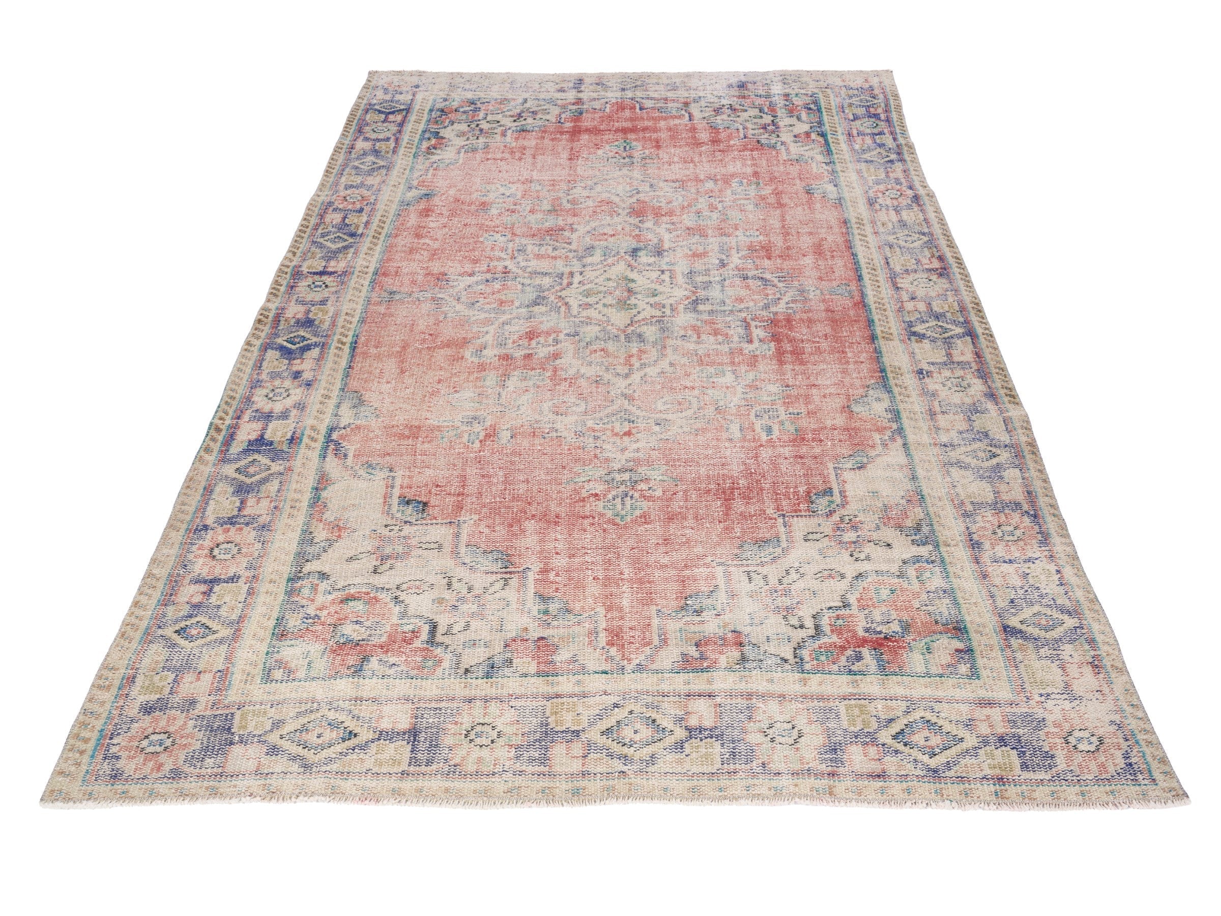 Turkish Manisa area rug in muted pink and navy, view 2 of 10