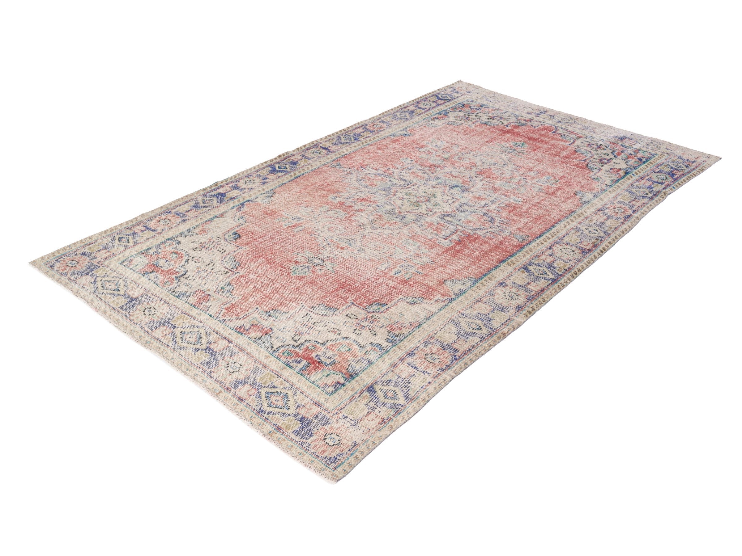 Turkish Manisa area rug in muted pink and navy, view 3 of 10