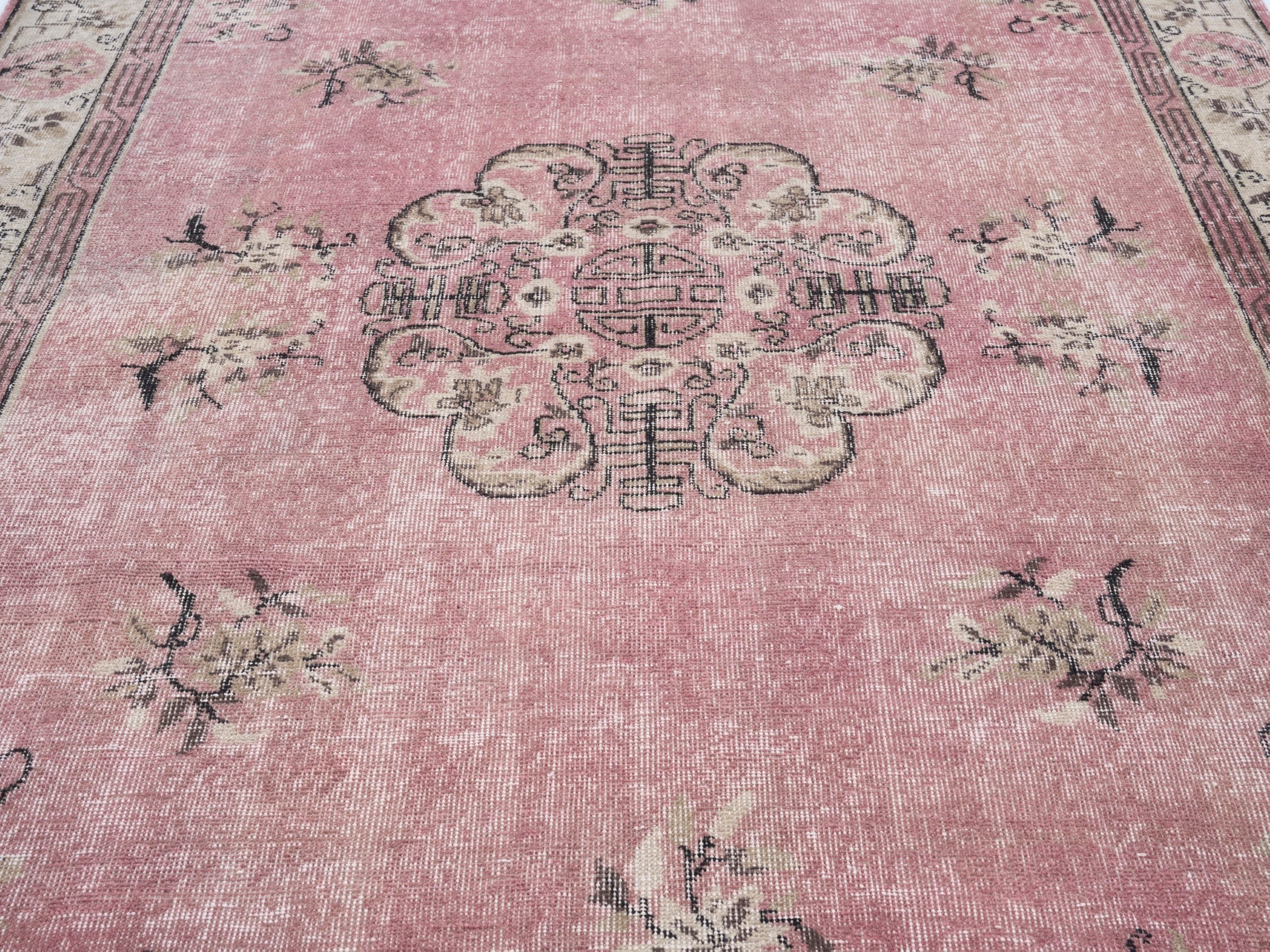 Turkish Isparta area rug in dusty rose and muted pink, view 4 of 10