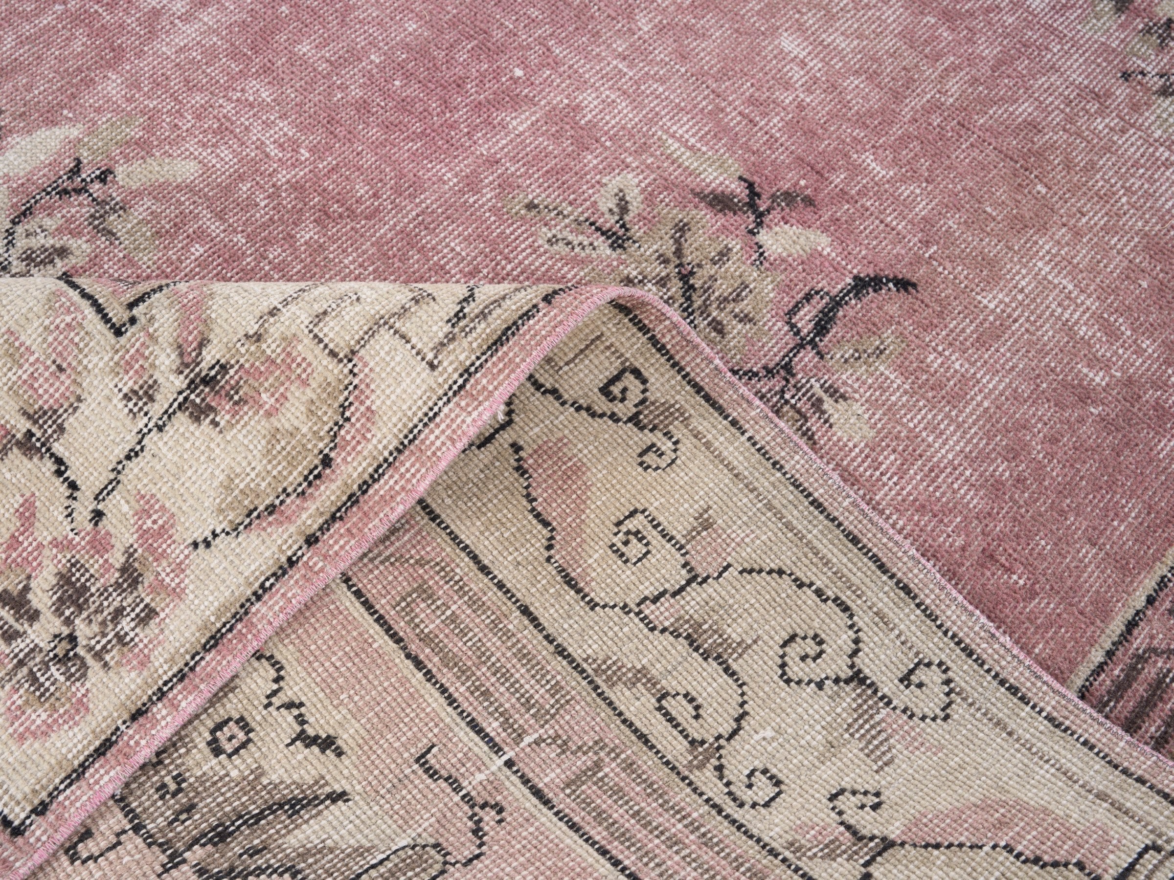Turkish Isparta area rug in dusty rose and muted pink, view 9 of 10