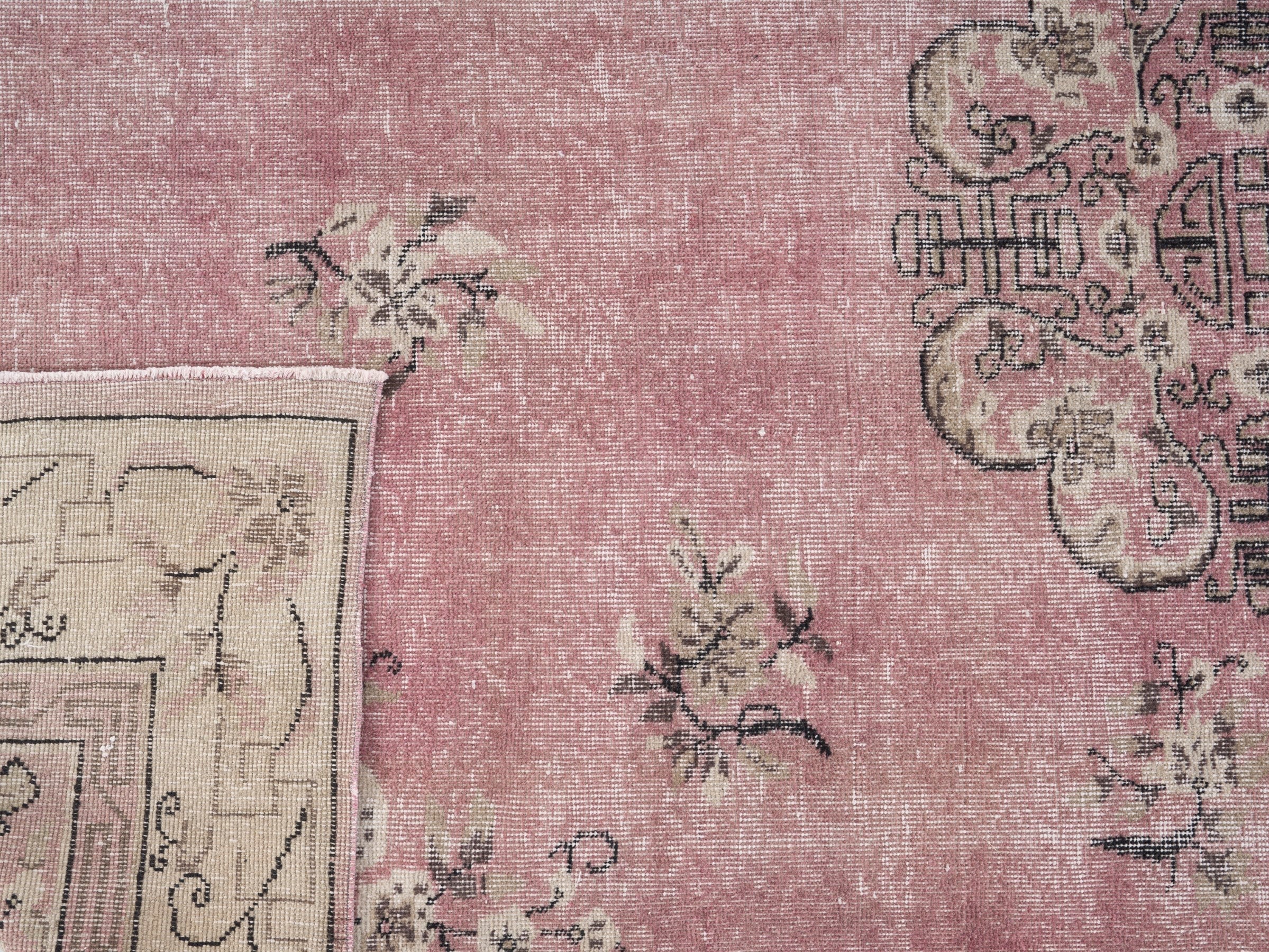Turkish Isparta area rug in dusty rose and muted pink, view 10 of 10