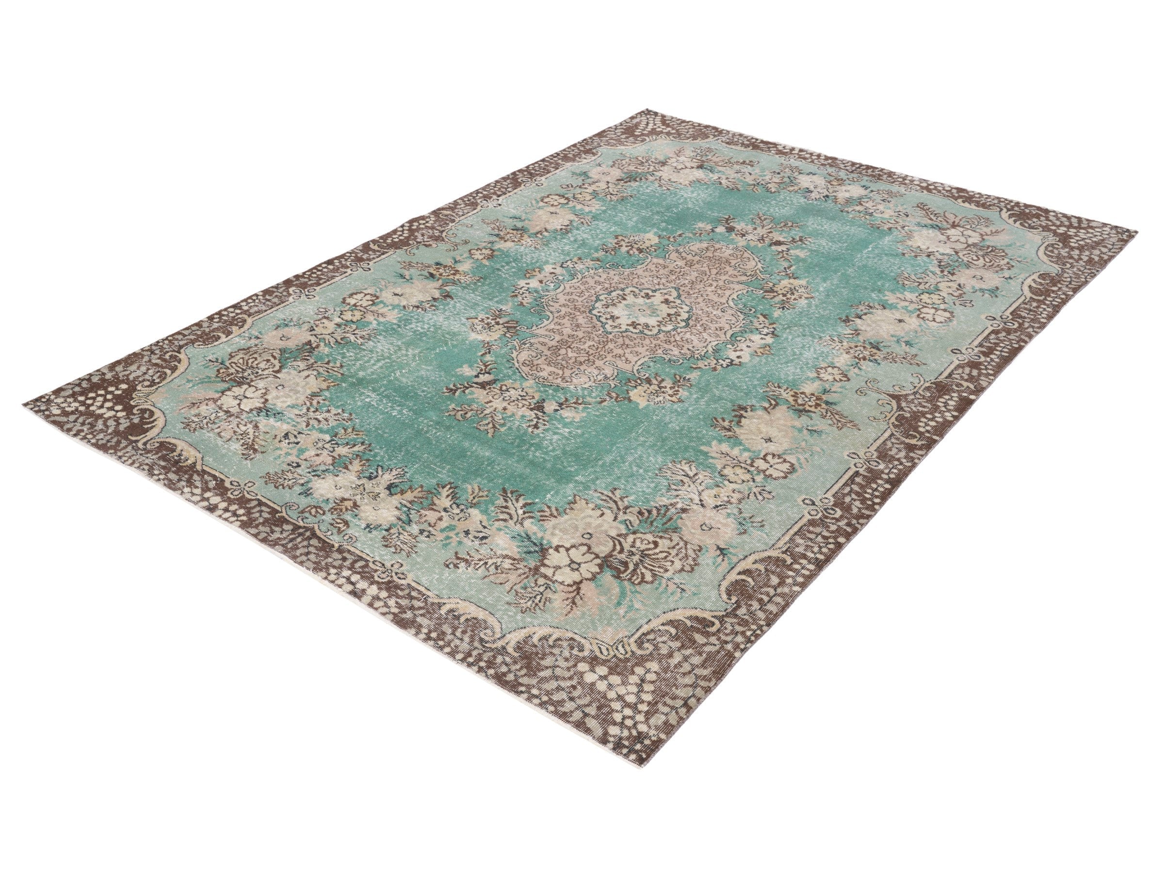 Turkish Isparta area rug in celadon and greige, view 3 of 10