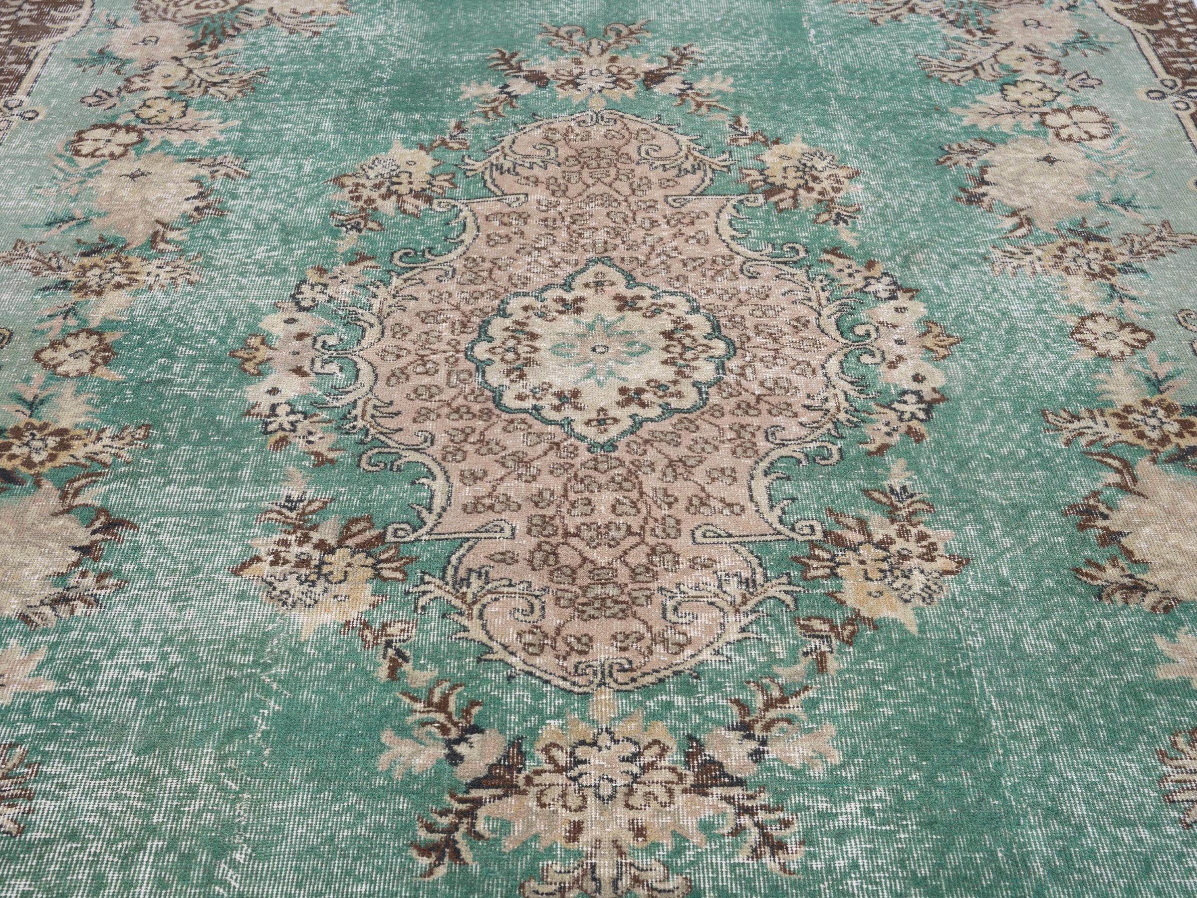 Turkish Isparta area rug in celadon and greige, view 4 of 10