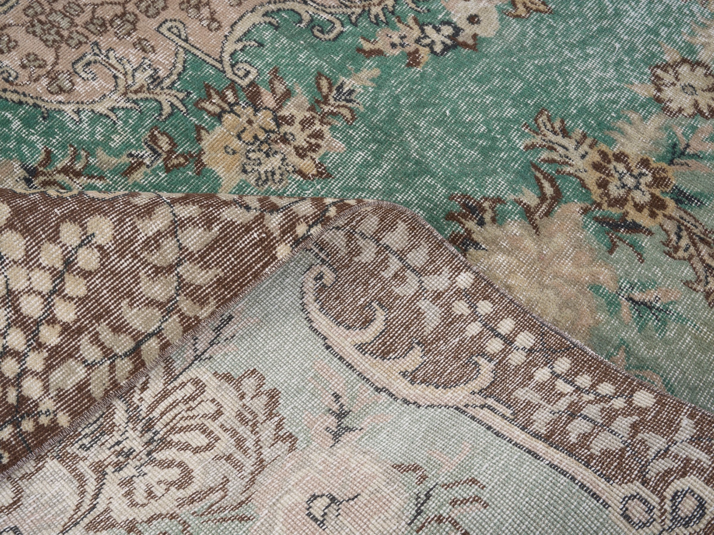 Turkish Isparta area rug in celadon and greige, view 9 of 10