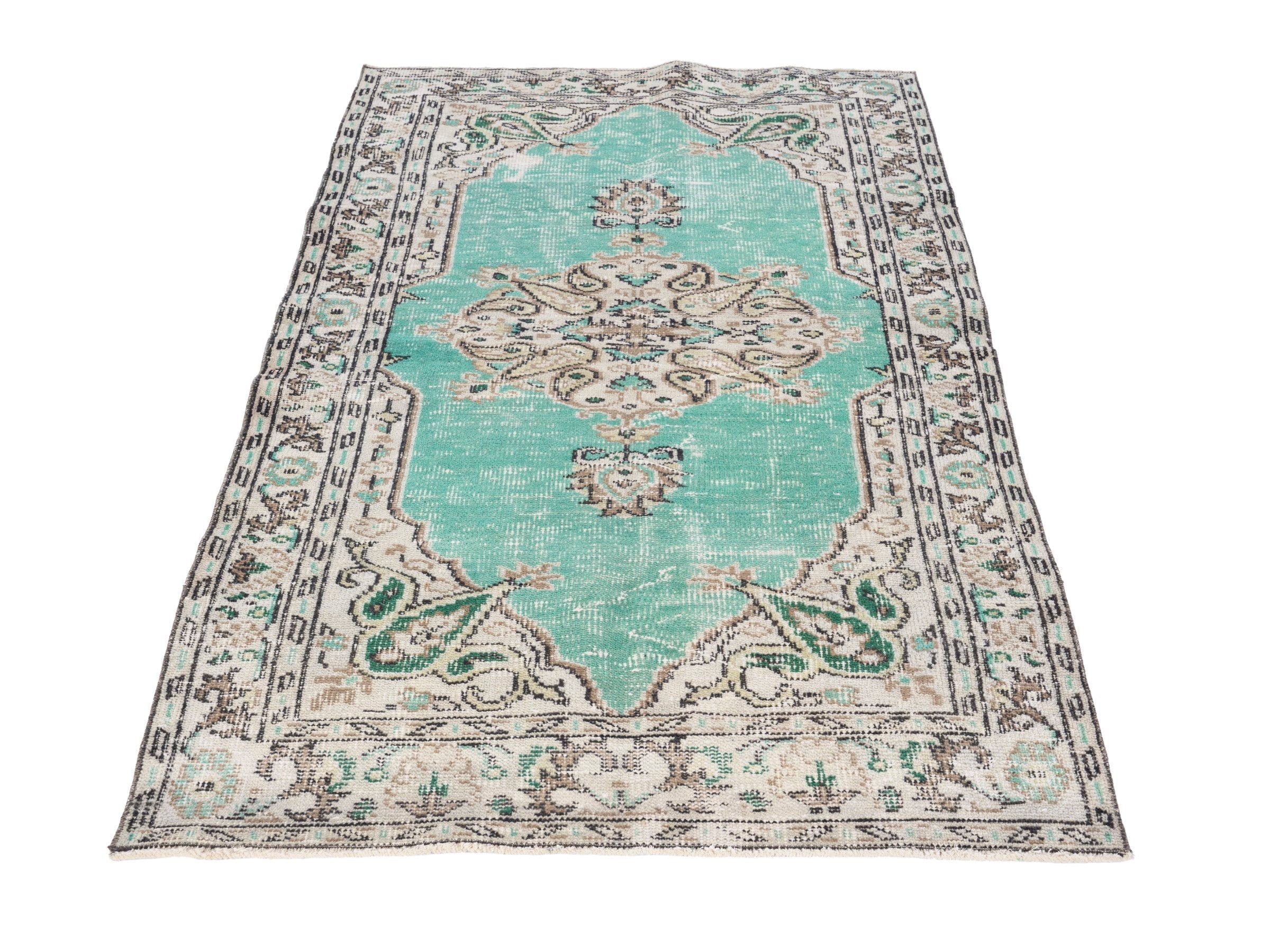 Turkish Manisa accent rug in turquoise and cream, view 2 of 9
