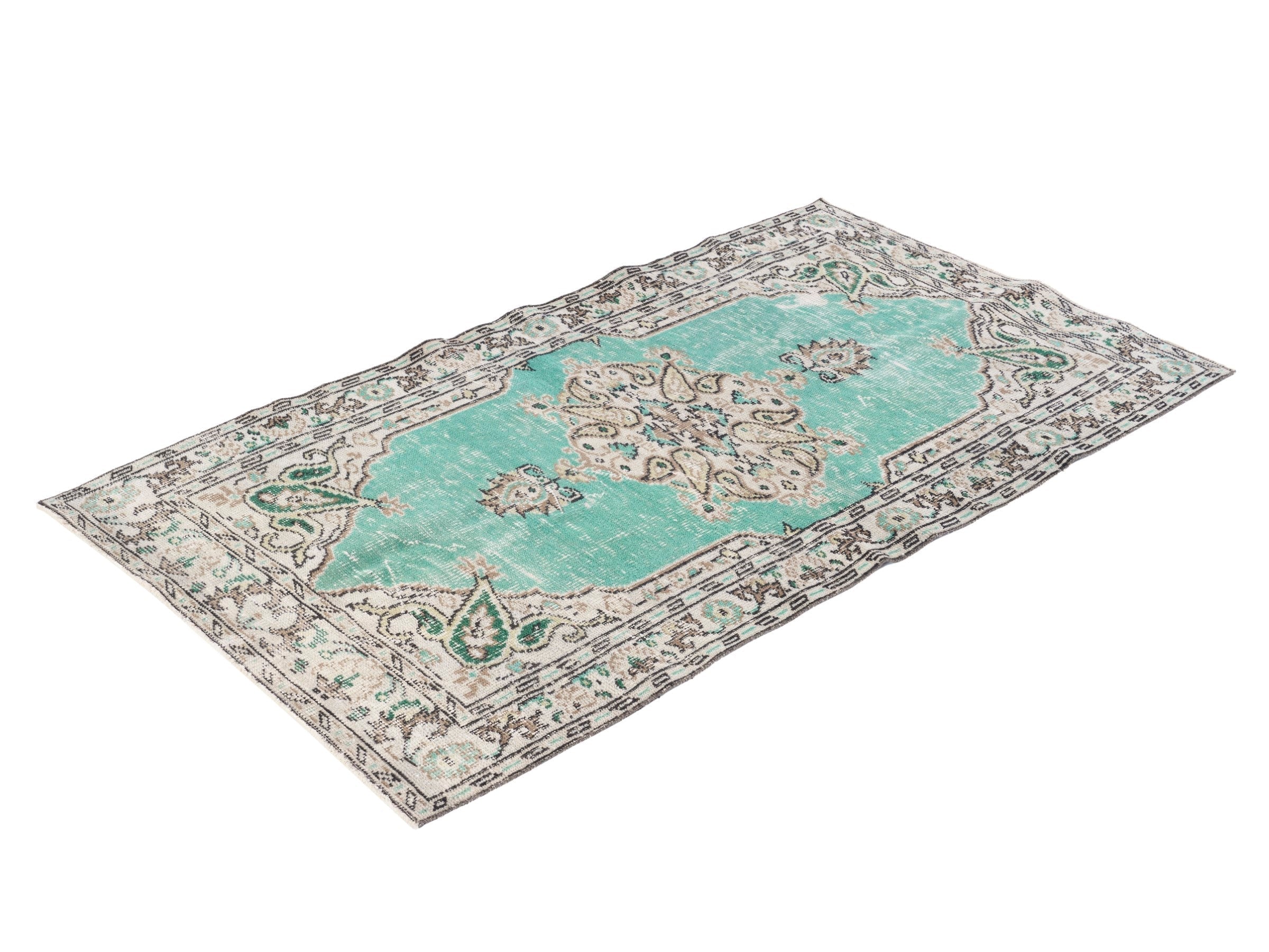 Turkish Manisa accent rug in turquoise and cream, view 3 of 9