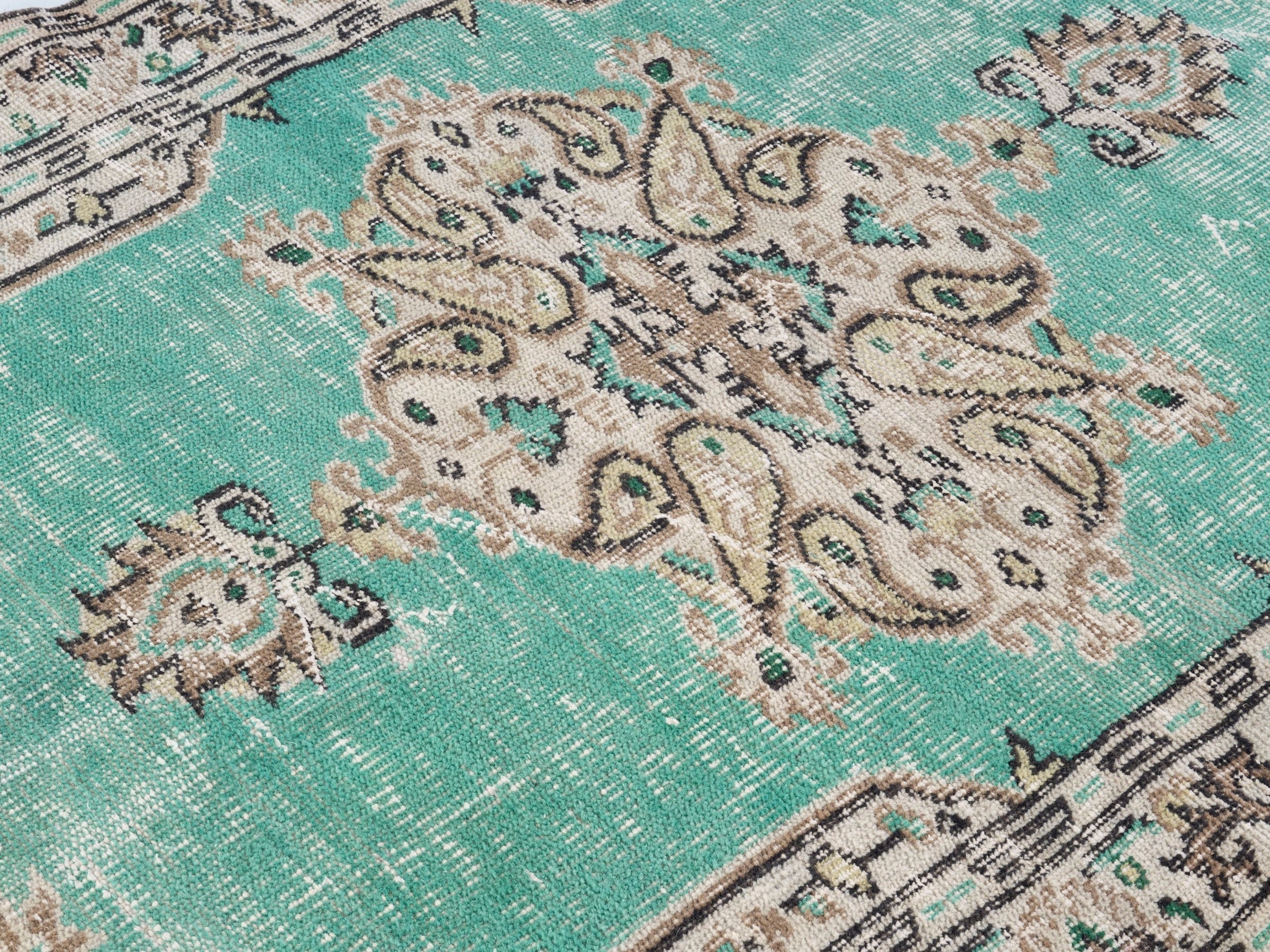 Turkish Manisa accent rug in turquoise and cream, view 4 of 9