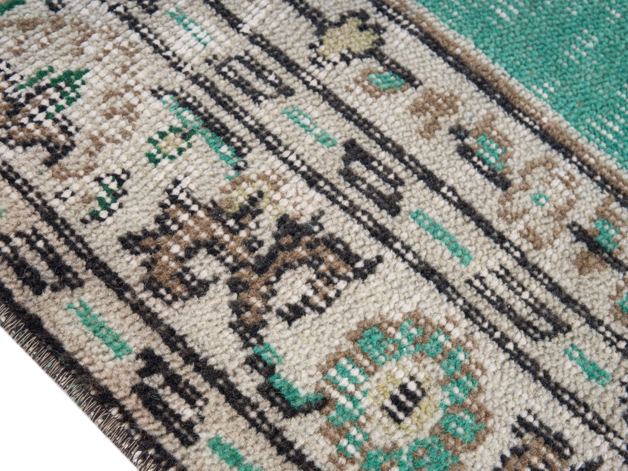 Turkish Manisa accent rug in turquoise and cream, view 5 of 9