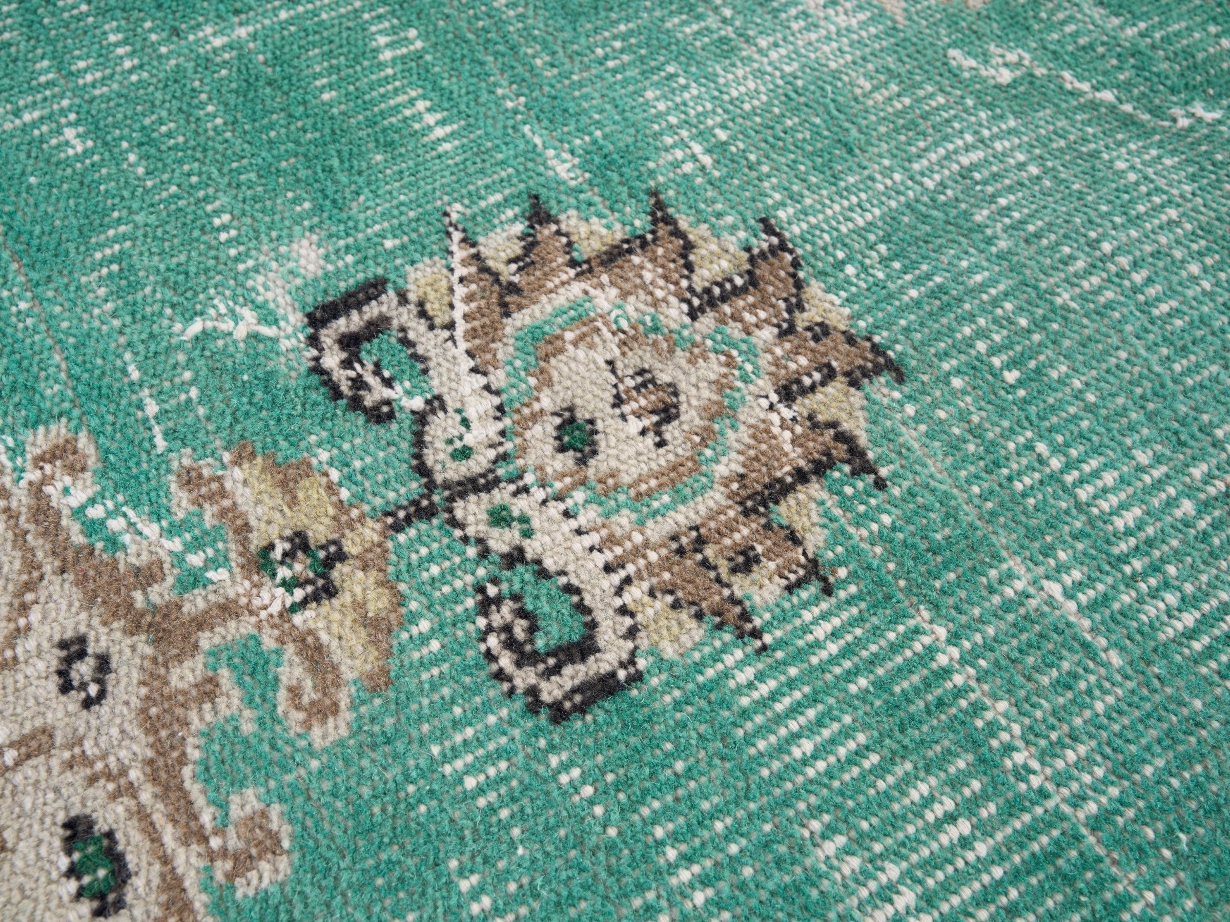 Turkish Manisa accent rug in turquoise and cream, view 6 of 9