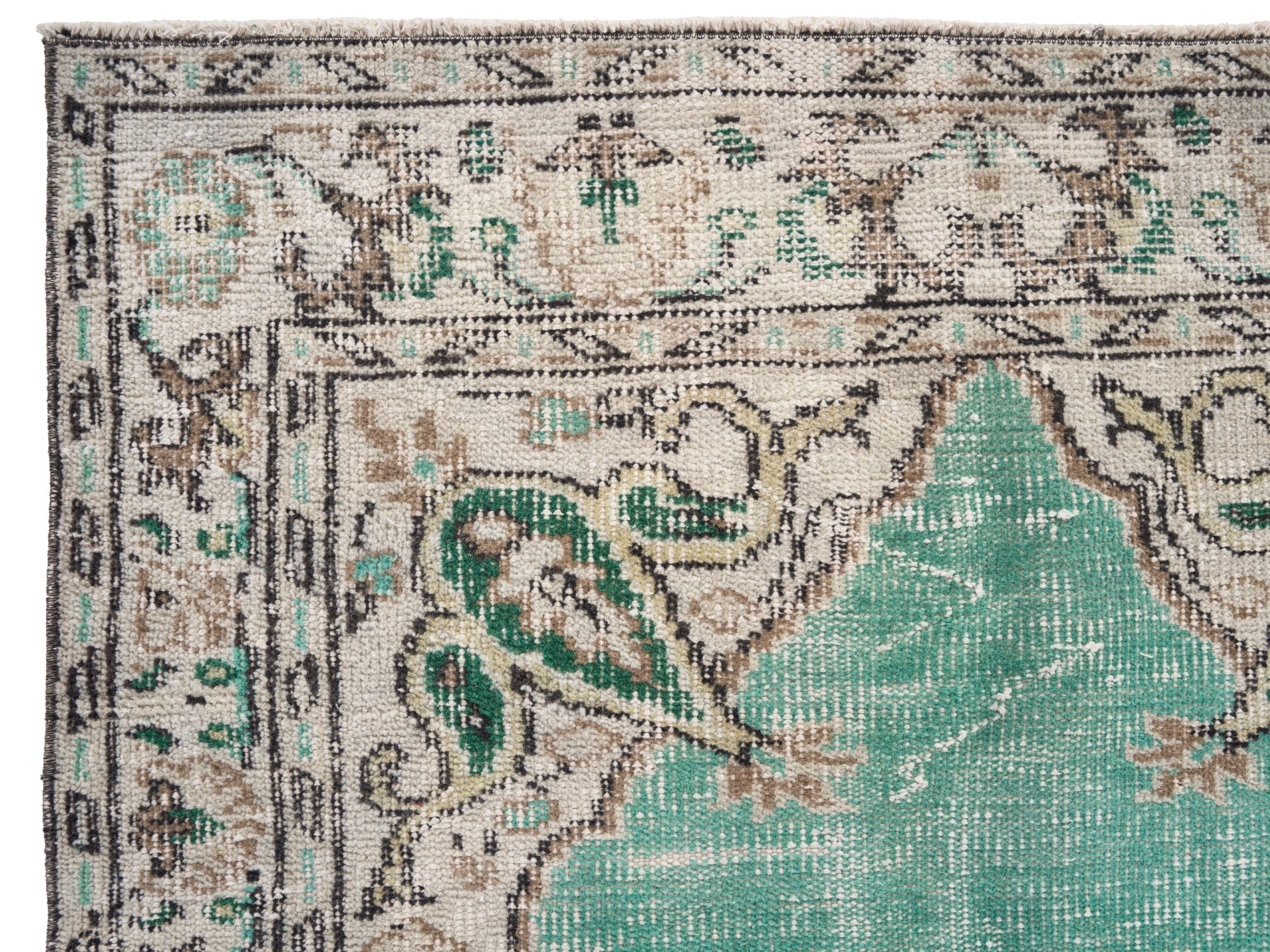 Turkish Manisa accent rug in turquoise and cream, view 7 of 9