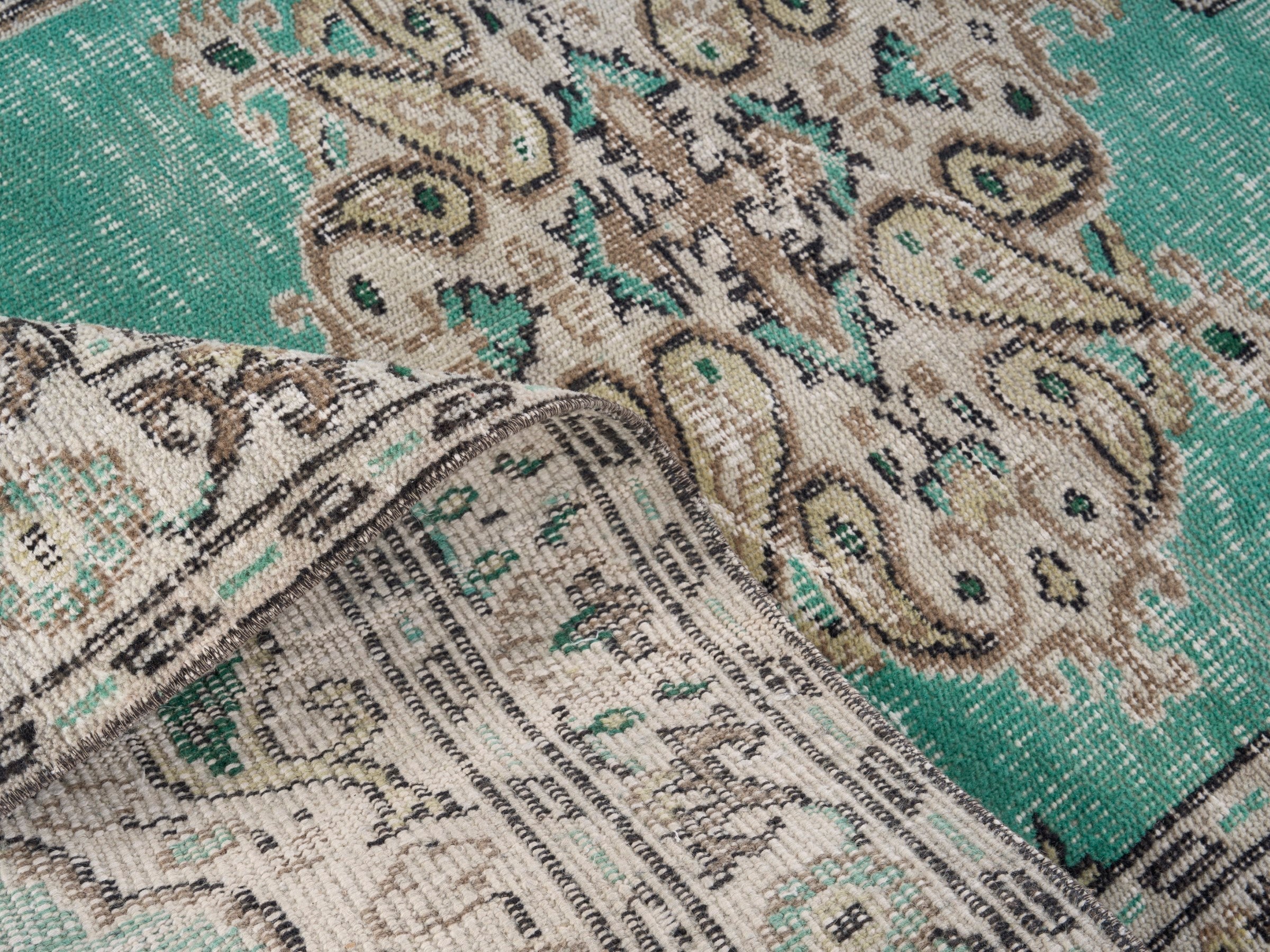 Turkish Manisa accent rug in turquoise and cream, view 8 of 9