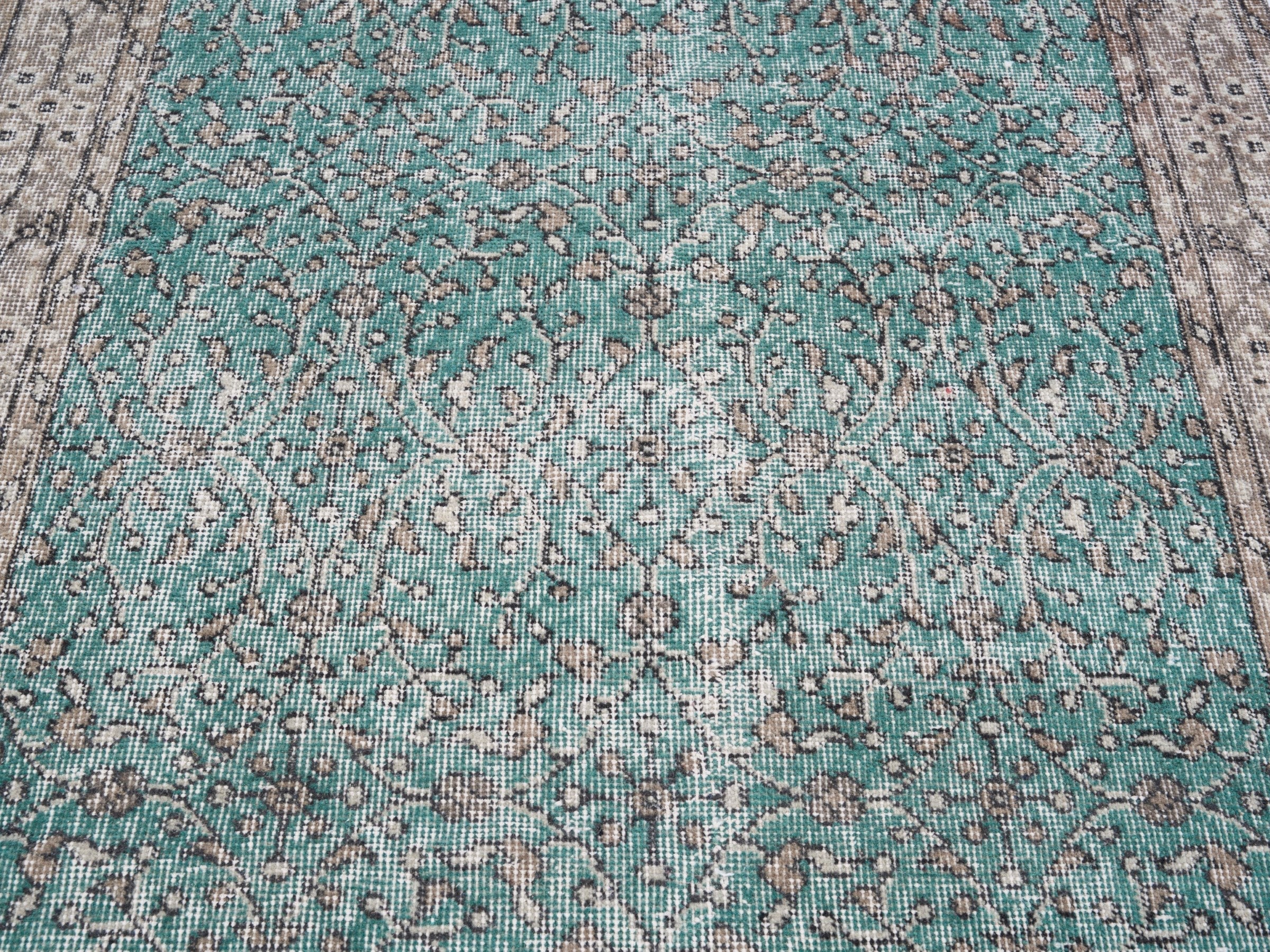 Turkish Isparta area rug in teal and greige, view 4 of 10